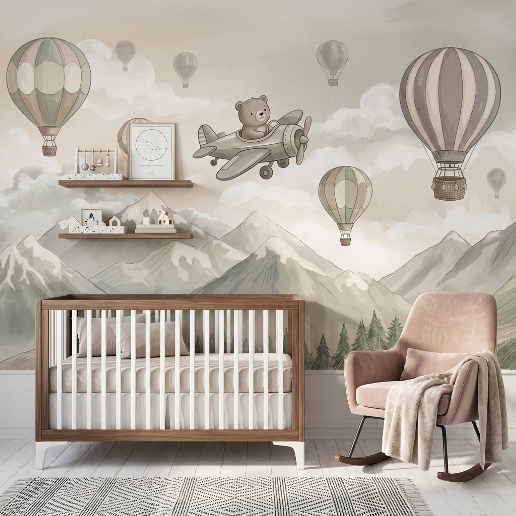 Whimsical Landscape Wallpaper Watercolor Mountains Hot Air Balloons Removable Wall Decor