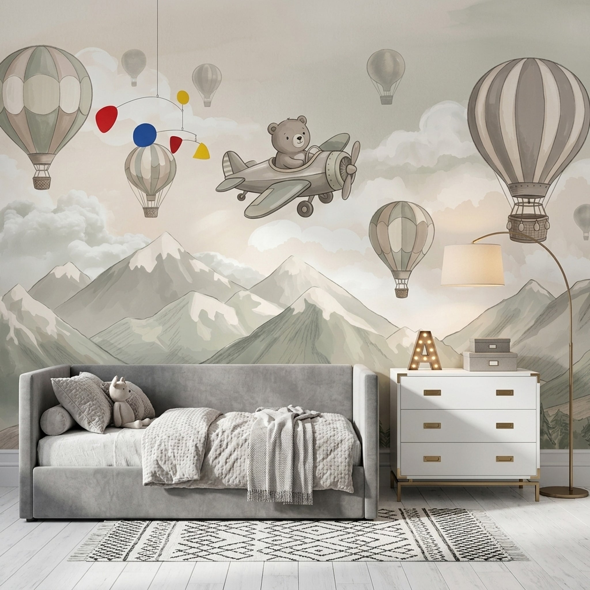 Whimsical Landscape Wallpaper Watercolor Mountains Hot Air Balloons Removable Wall Decor