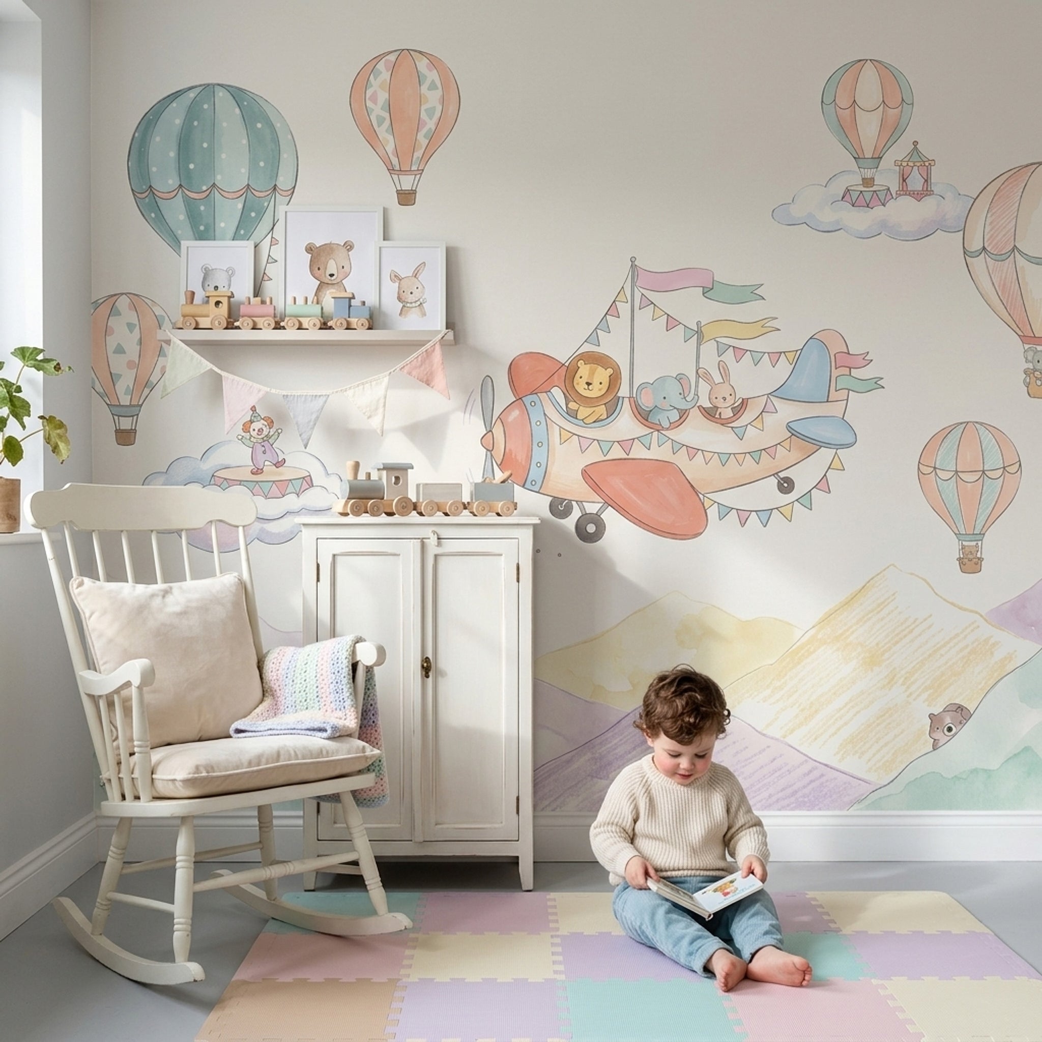 Pastel Watercolor Wallpaper Nursery Hot Air Balloons Wall Mural