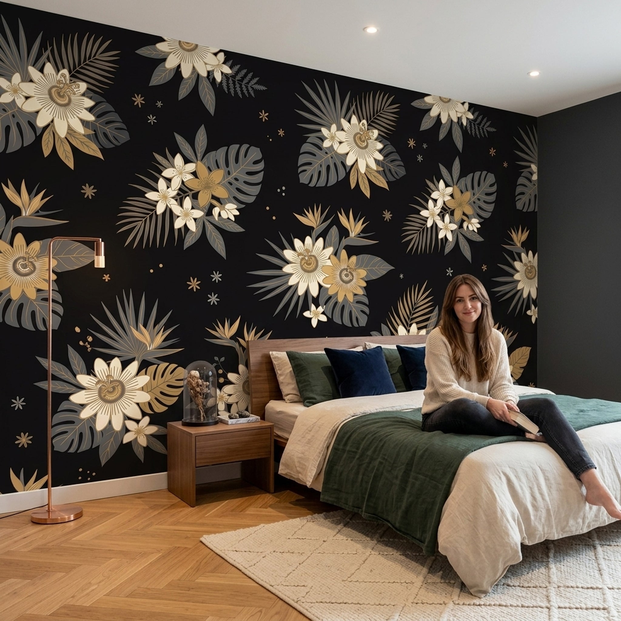 Tropical Floral Wallpaper Monstera Leaves Removable Black Background Wall Decor