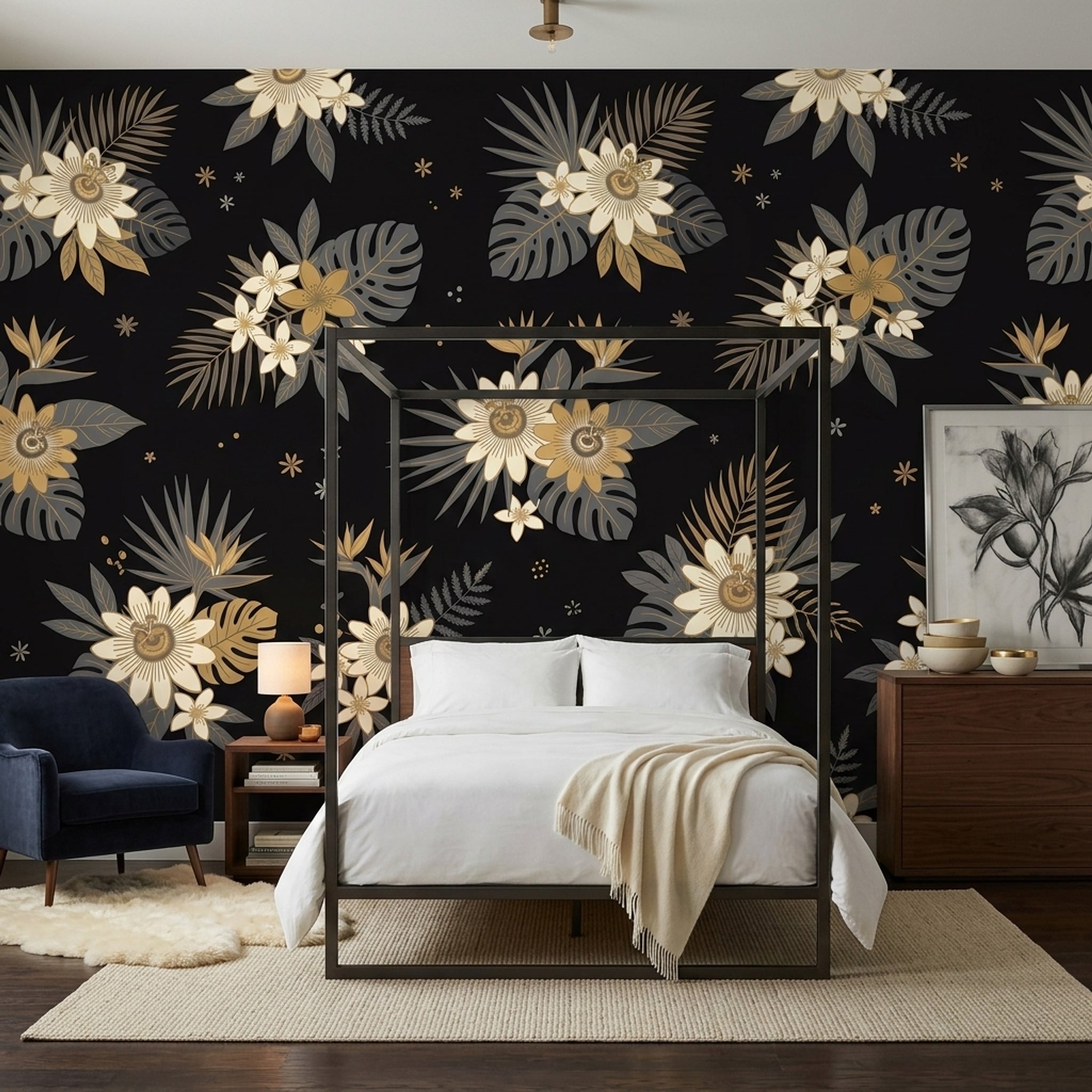 Tropical Floral Wallpaper Monstera Leaves Removable Black Background Wall Decor