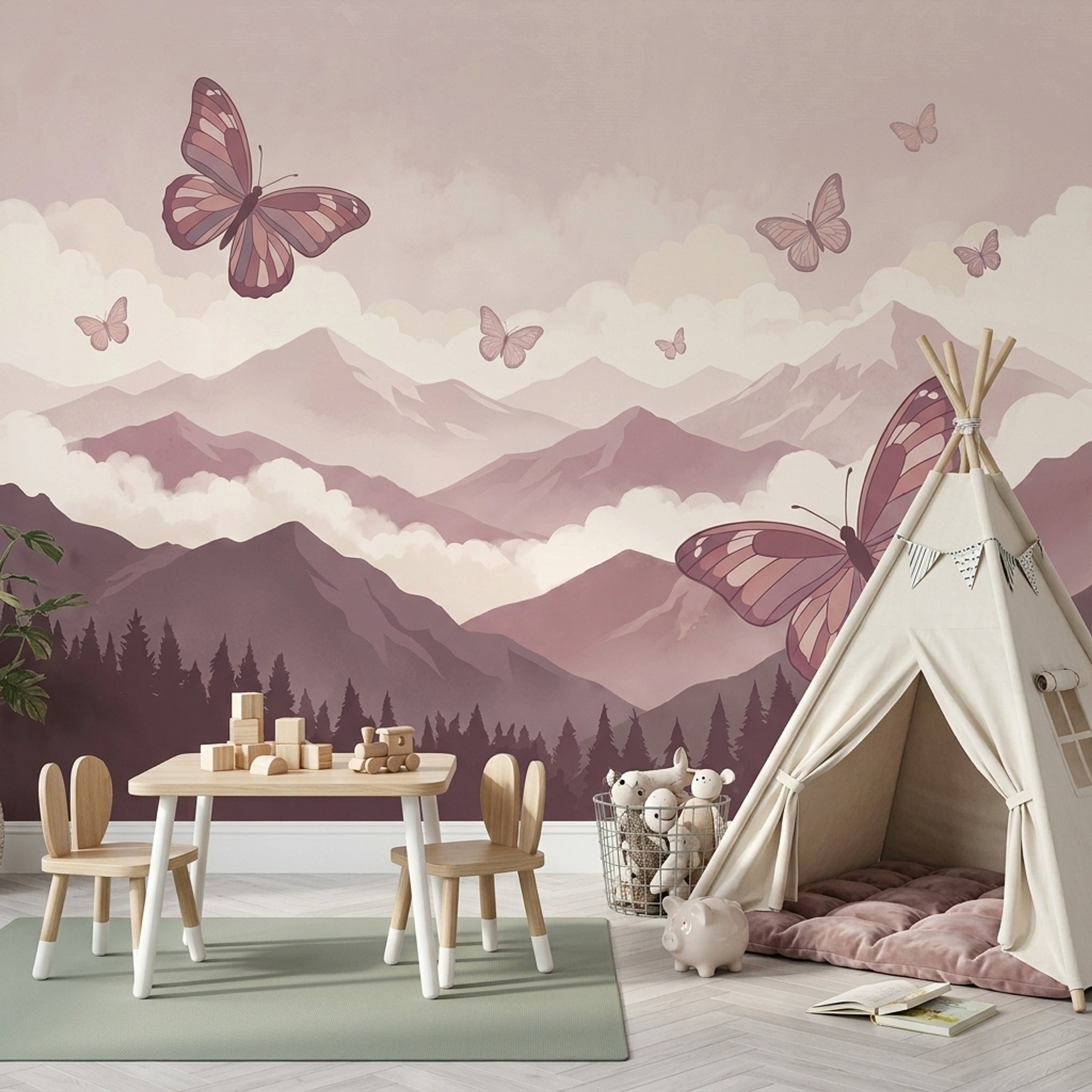 Pastel Mountains Wallpaper Butterflies Misty Clouds Wall Mural