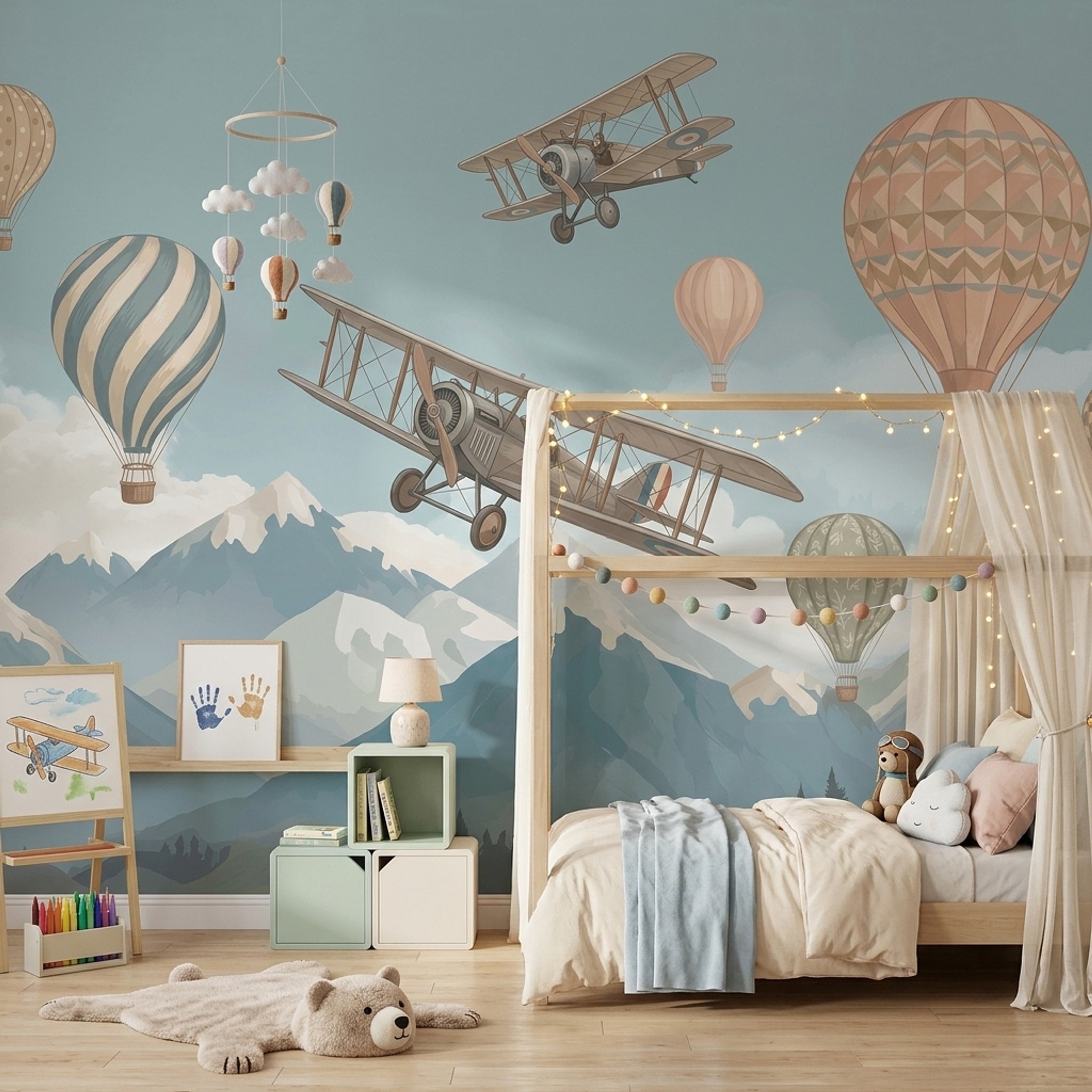 Vintage Biplane Wallpaper Pastel Sky Mountain Landscape Wall Mural