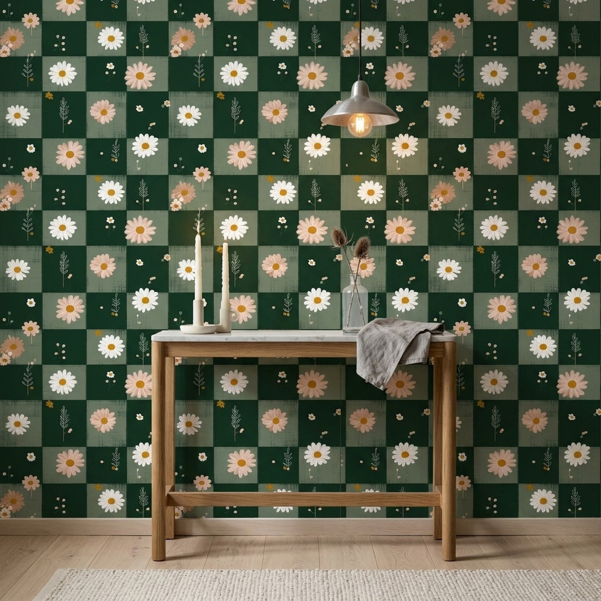 Checkered Wallpaper Daisy Dark Green Decorative Mural