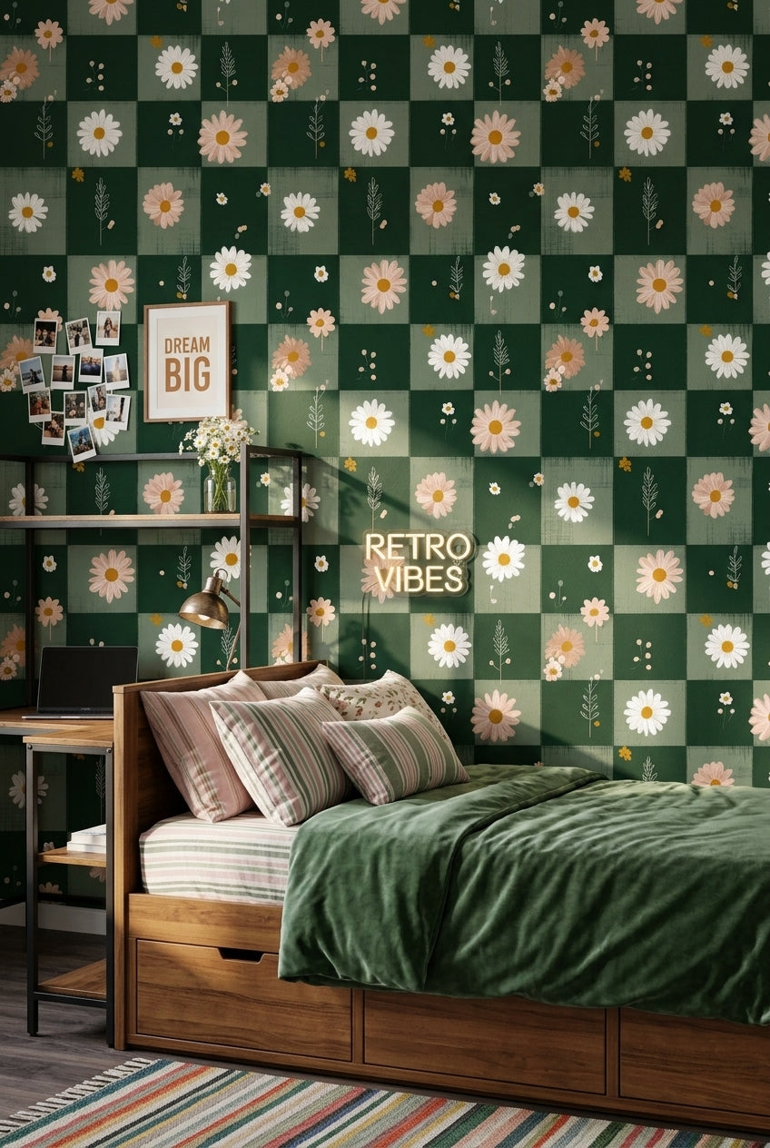Checkered Wallpaper Daisy Dark Green Decorative Mural