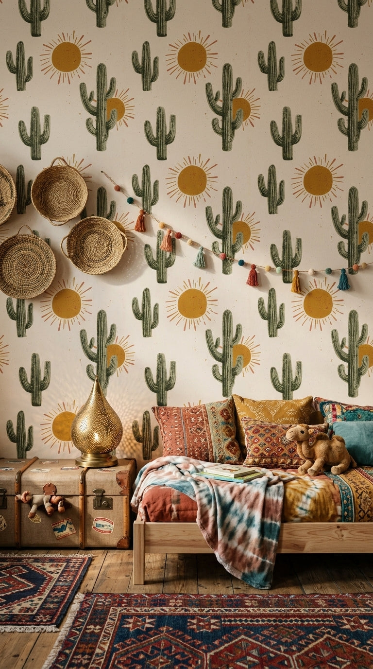 Saguaro Cactus Wallpaper Desert Sunburst Removable Wall Decor