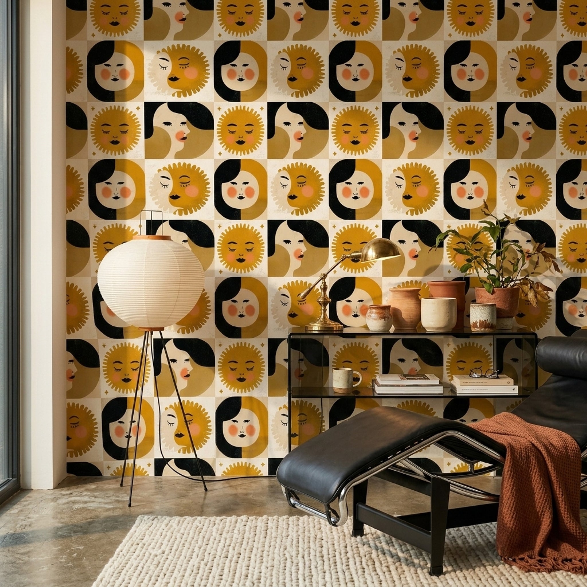 Sun And Moon Wallpaper Celestial Abstract Faces Decorative Mural