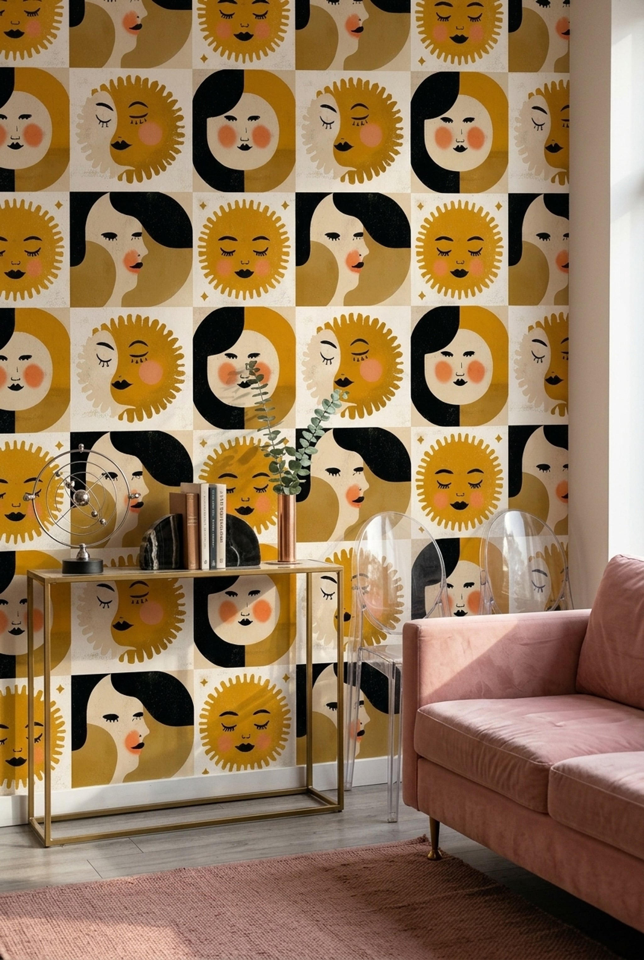 Sun And Moon Wallpaper Celestial Abstract Faces Decorative Mural