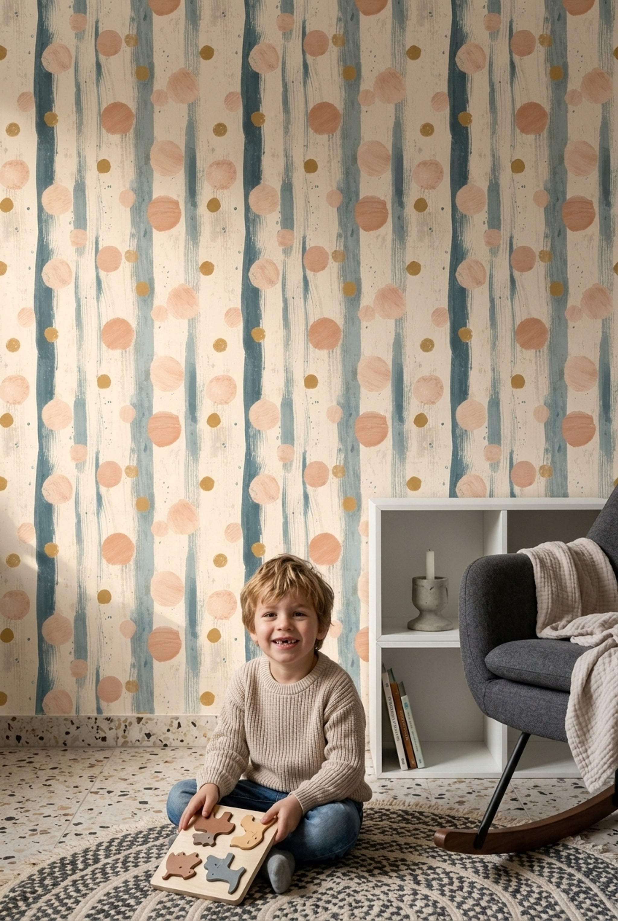 Vertical Brushstrokes Wallpaper Polka Dots Muted Teal Removable Wall Decor