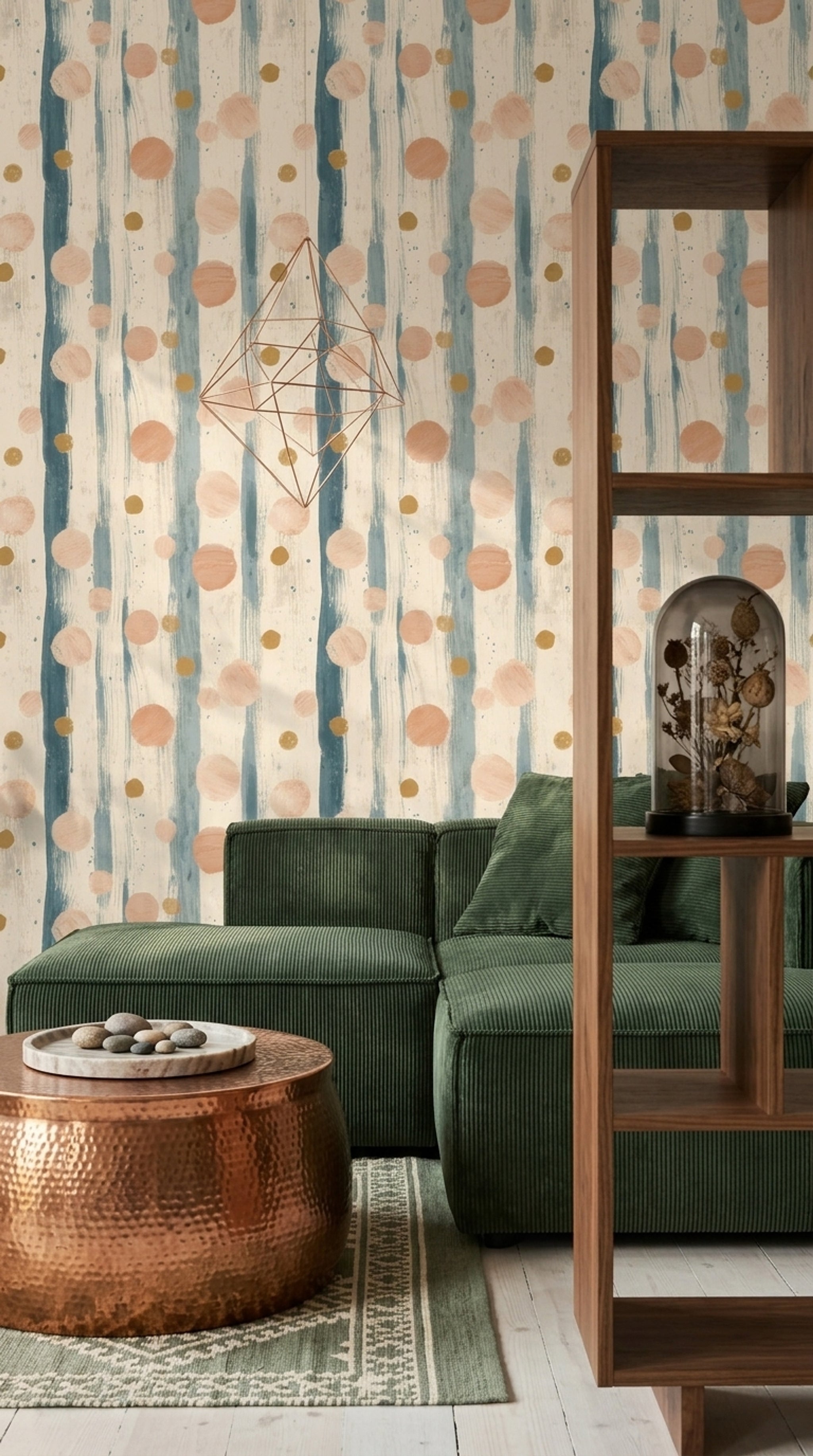 Vertical Brushstrokes Wallpaper Polka Dots Muted Teal Removable Wall Decor