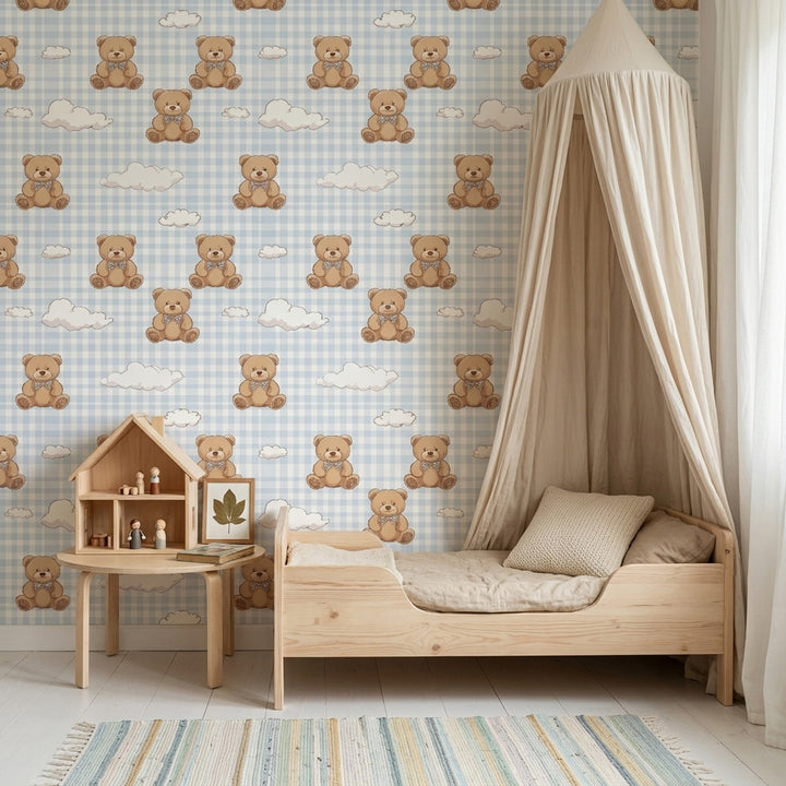 Teddy Bear Wallpaper Nursery Gingham Checkered Removable Wall Decor