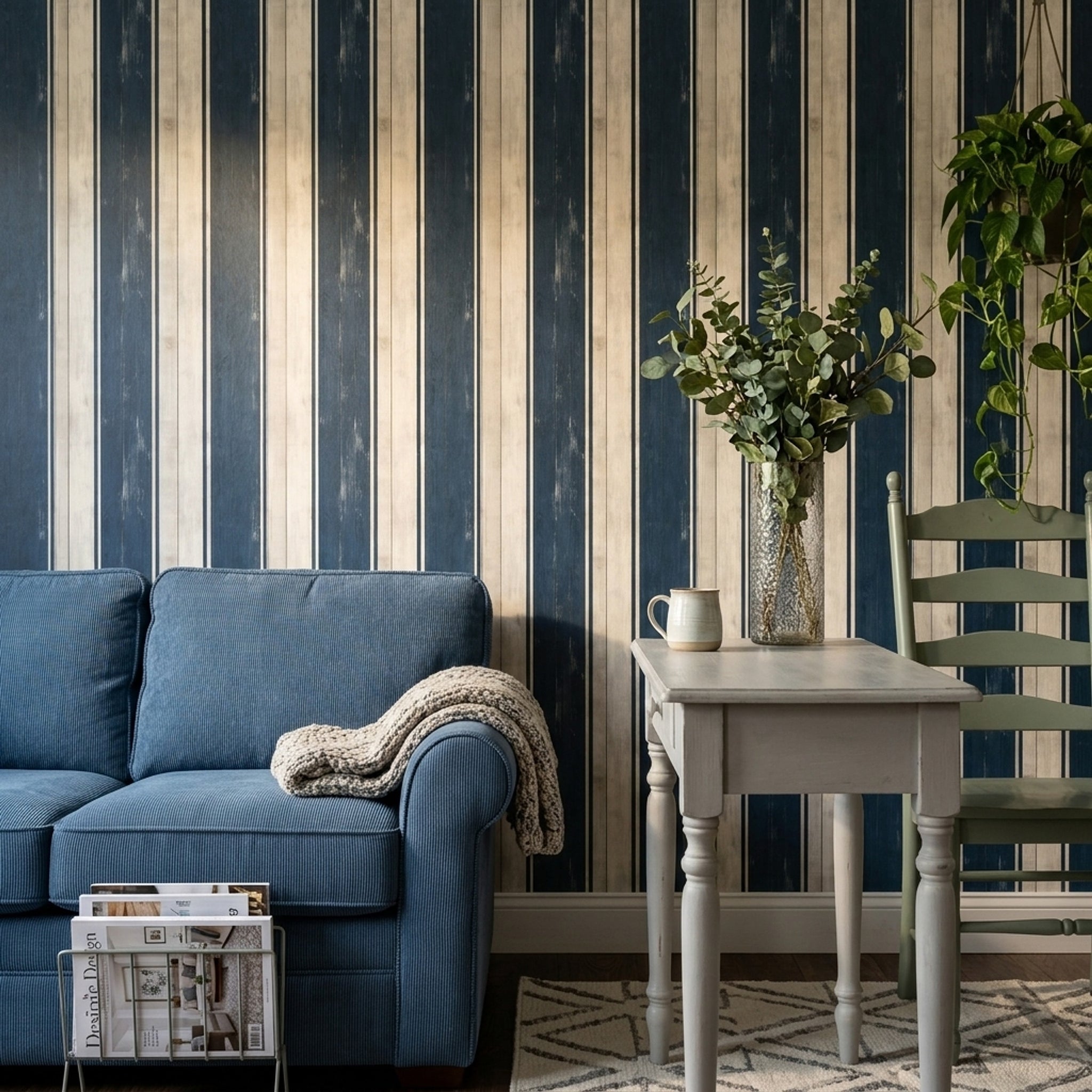 Navy And White Stripes Wallpaper Vertical Wood Planks Shiplap Texture Removable Wall Decor
