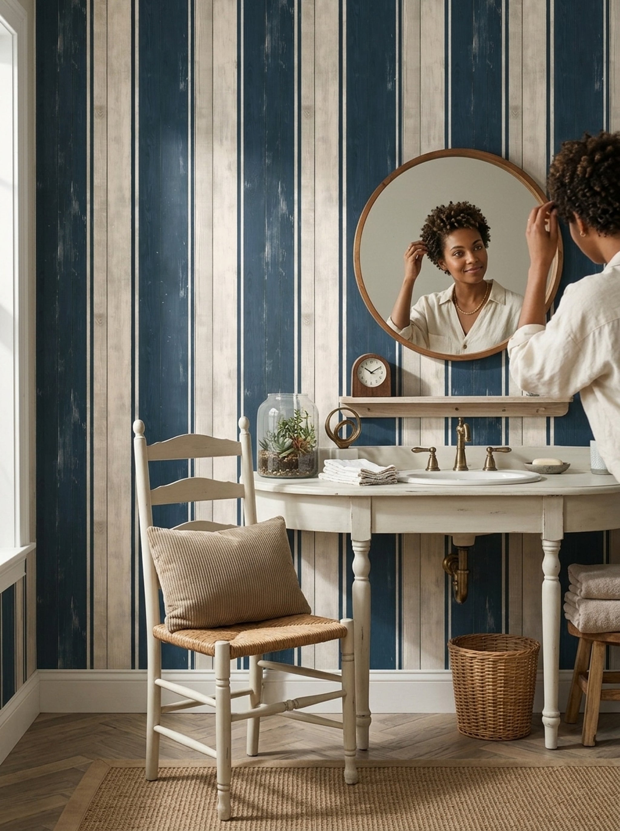 Navy And White Stripes Wallpaper Vertical Wood Planks Shiplap Texture Removable Wall Decor