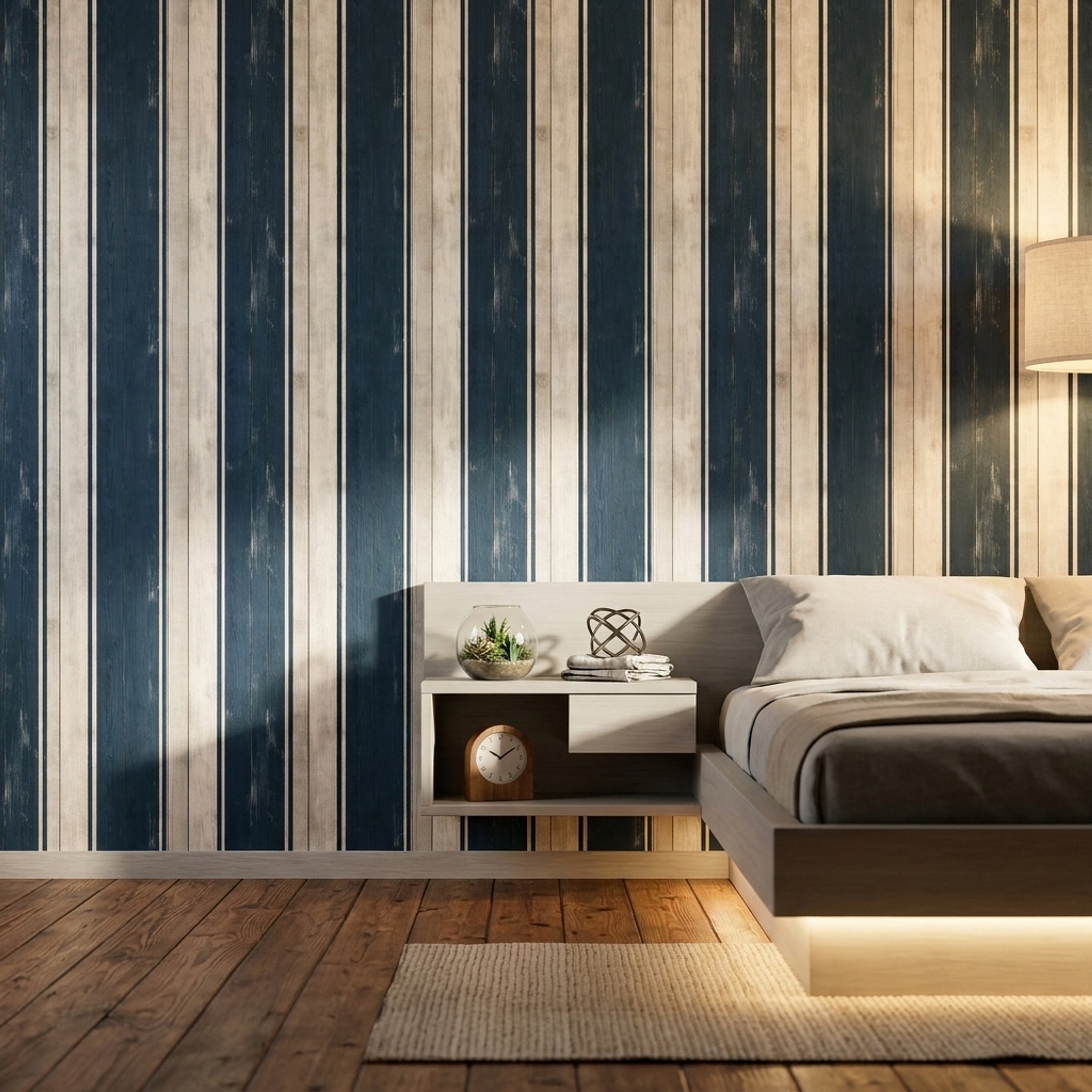 Navy And White Stripes Wallpaper Vertical Wood Planks Shiplap Texture Removable Wall Decor
