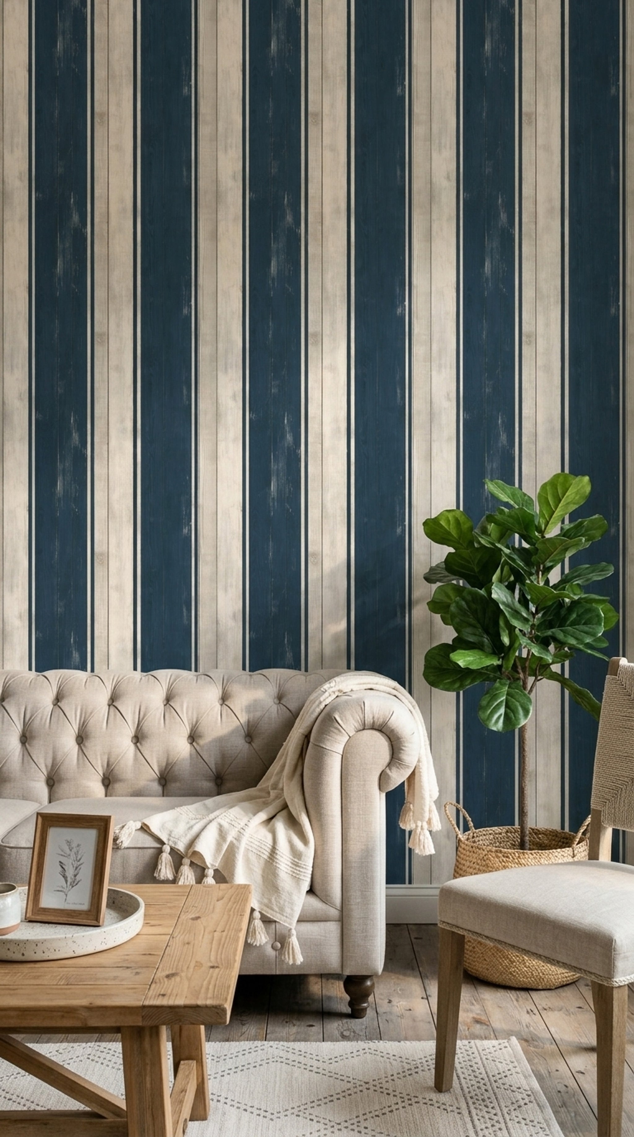 Navy And White Stripes Wallpaper Vertical Wood Planks Shiplap Texture Removable Wall Decor