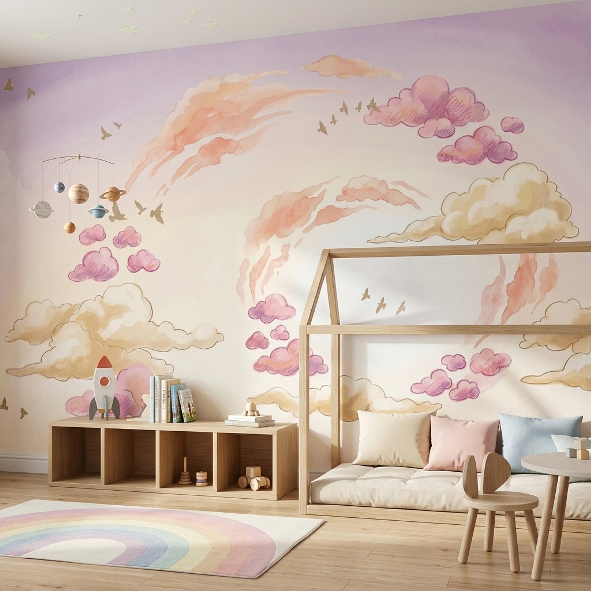 Pastel Sky Wallpaper Watercolor Clouds Birds Silhouettes Wall Mural