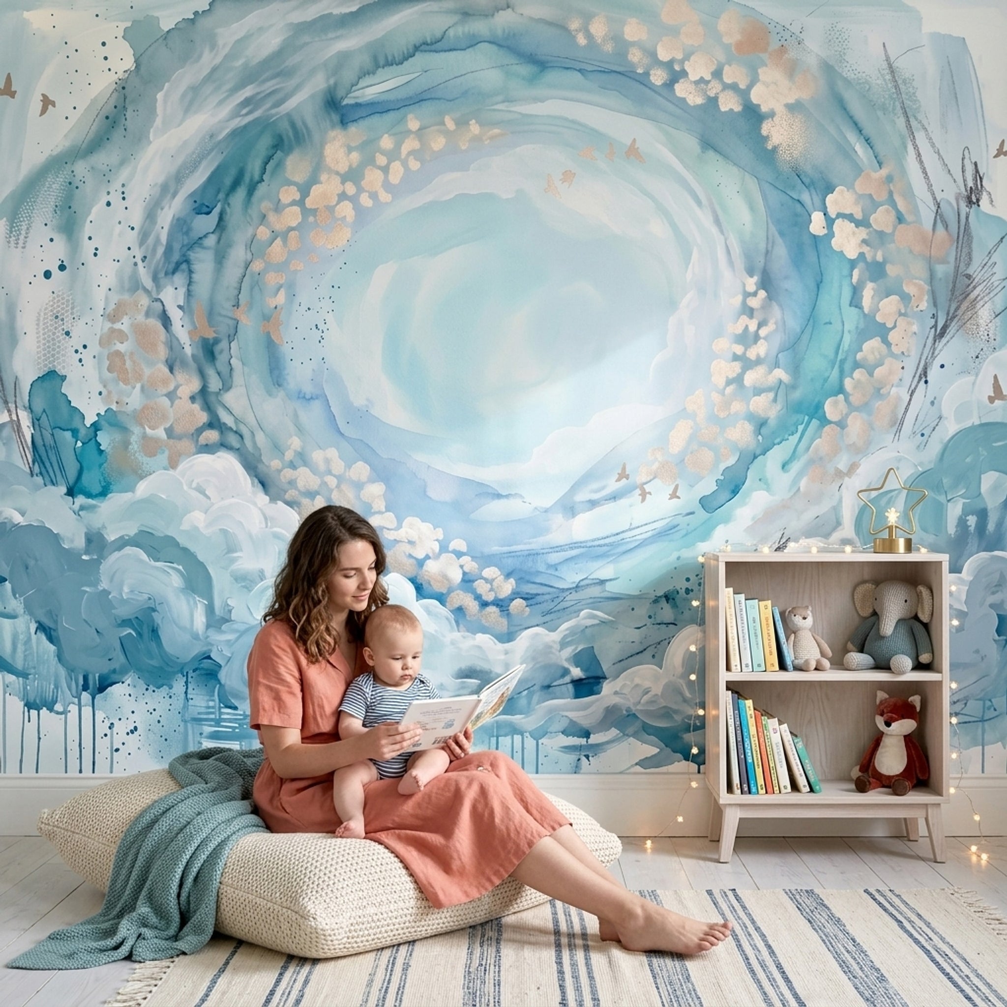 Abstract Cloudscape Wallpaper Watercolor Swirl Removable Blue Sky Vortex Wall Decor