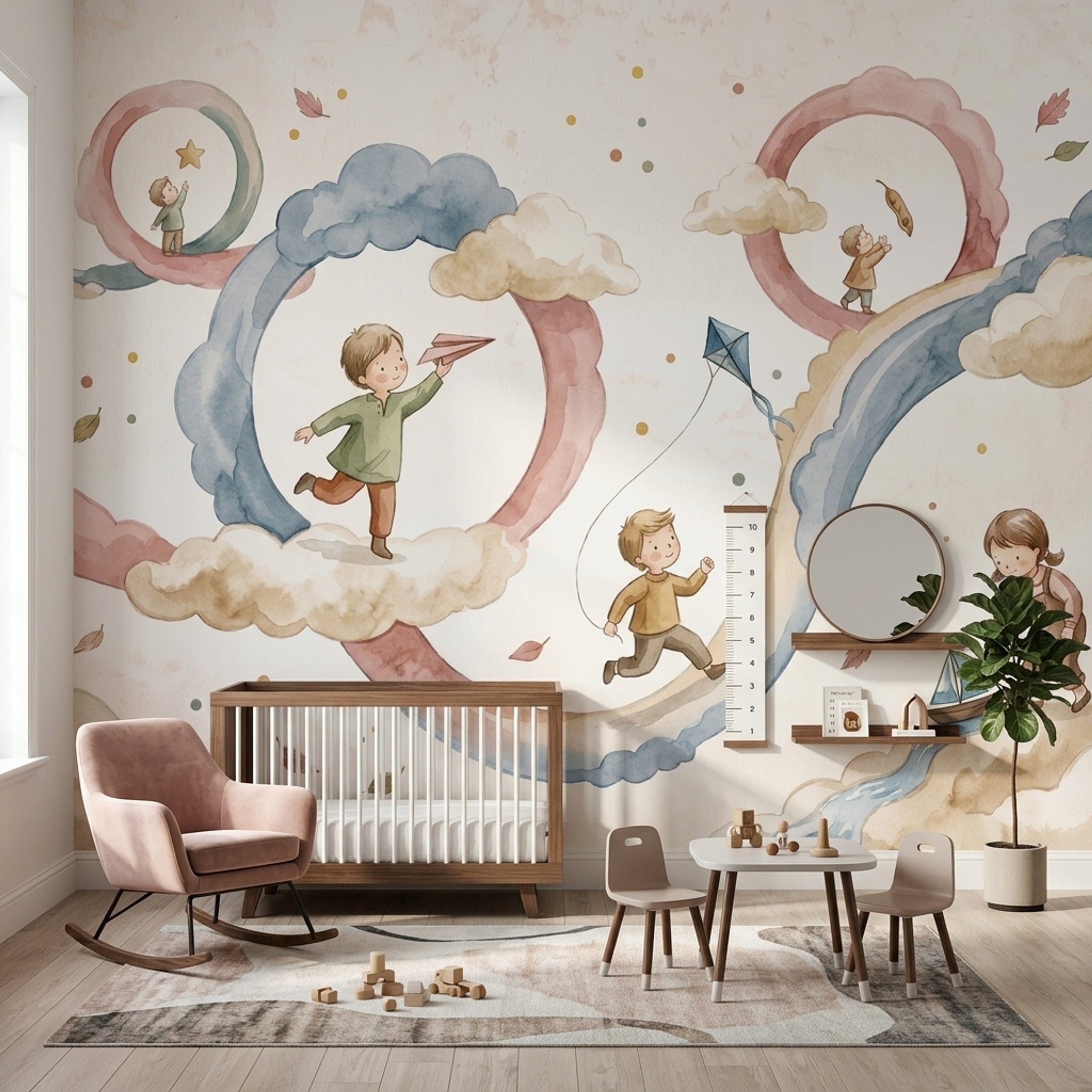 Watercolor Wallpaper Children Playing Pastel Removable Wall Decor