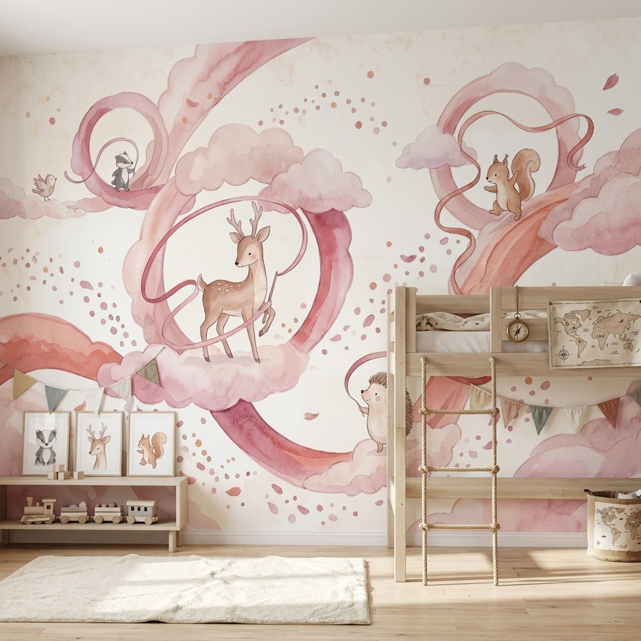 Woodland Animals Wallpaper Watercolor Pink Clouds Wall Mural