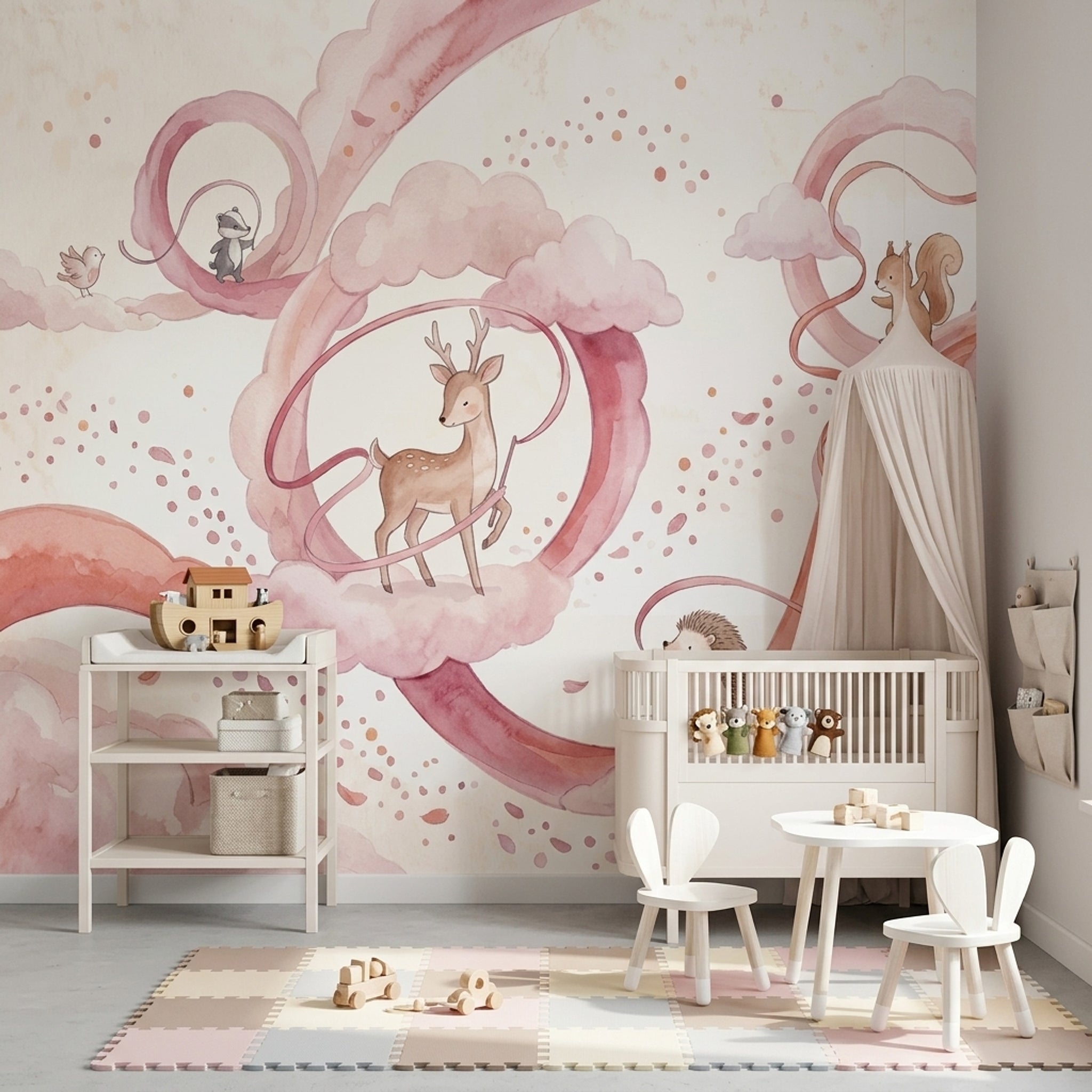 Woodland Animals Wallpaper Watercolor Pink Clouds Wall Mural