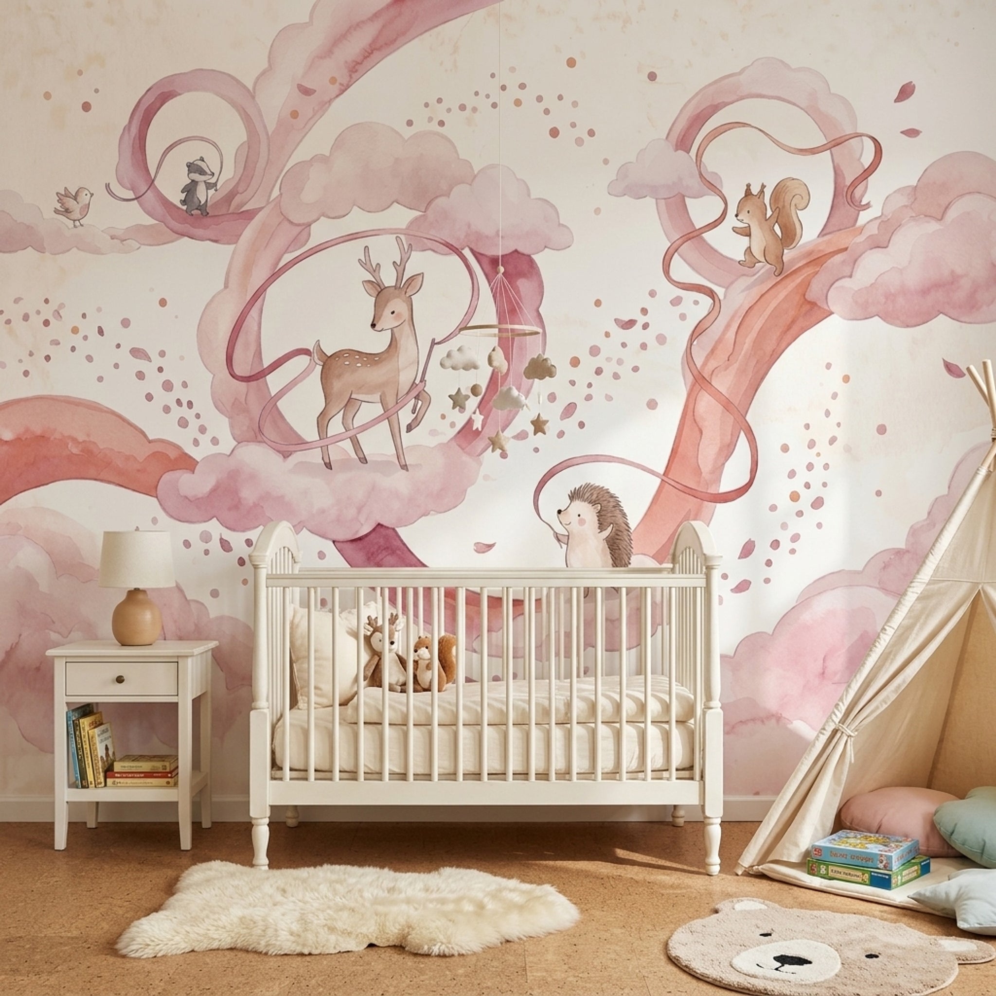 Woodland Animals Wallpaper Watercolor Pink Clouds Wall Mural