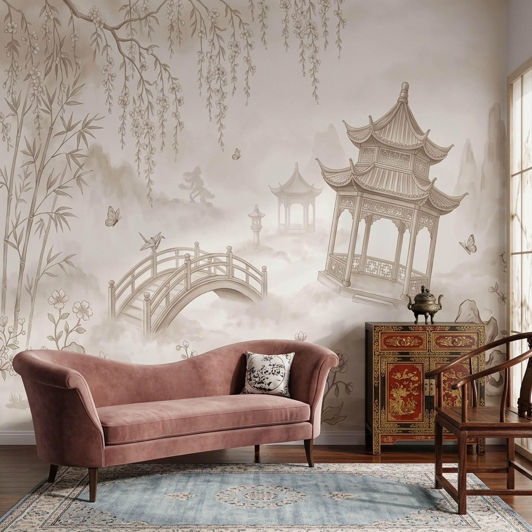 East Asian Garden Wallpaper Pagoda Pavilion Removable Arched Bridge Wall Decor