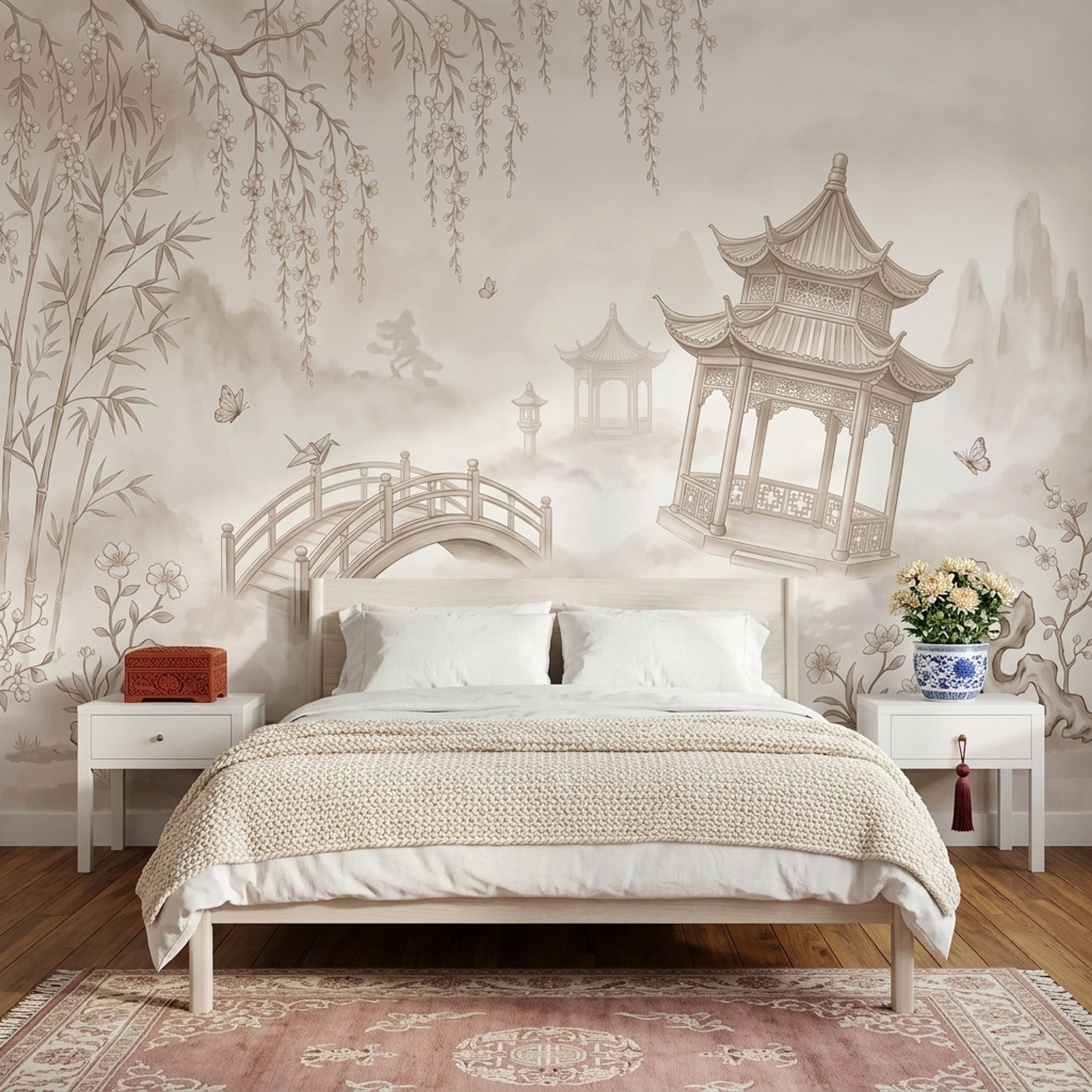 East Asian Garden Wallpaper Pagoda Pavilion Removable Arched Bridge Wall Decor