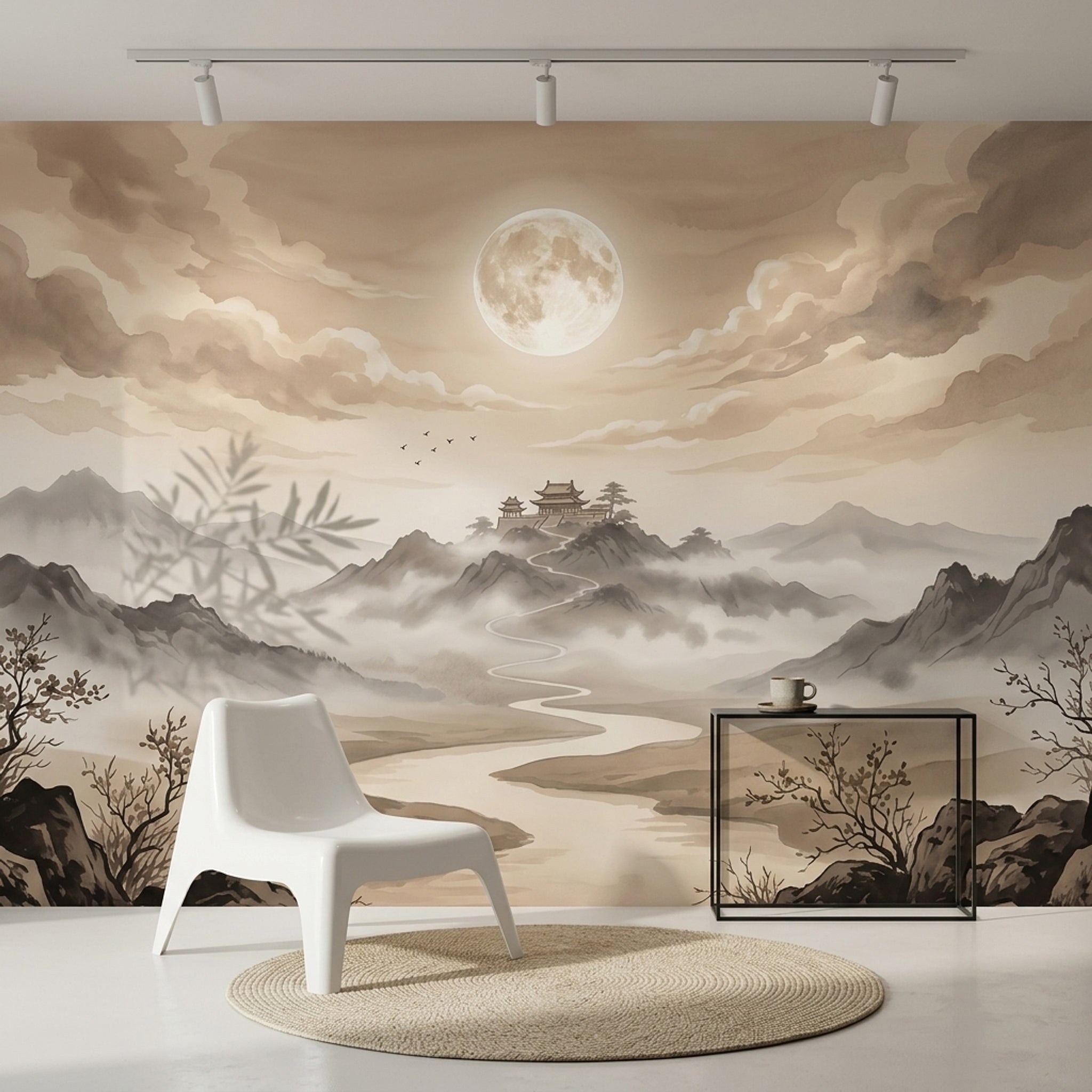 Misty Landscape Wallpaper Full Moon Pagoda Temple Wall Mural