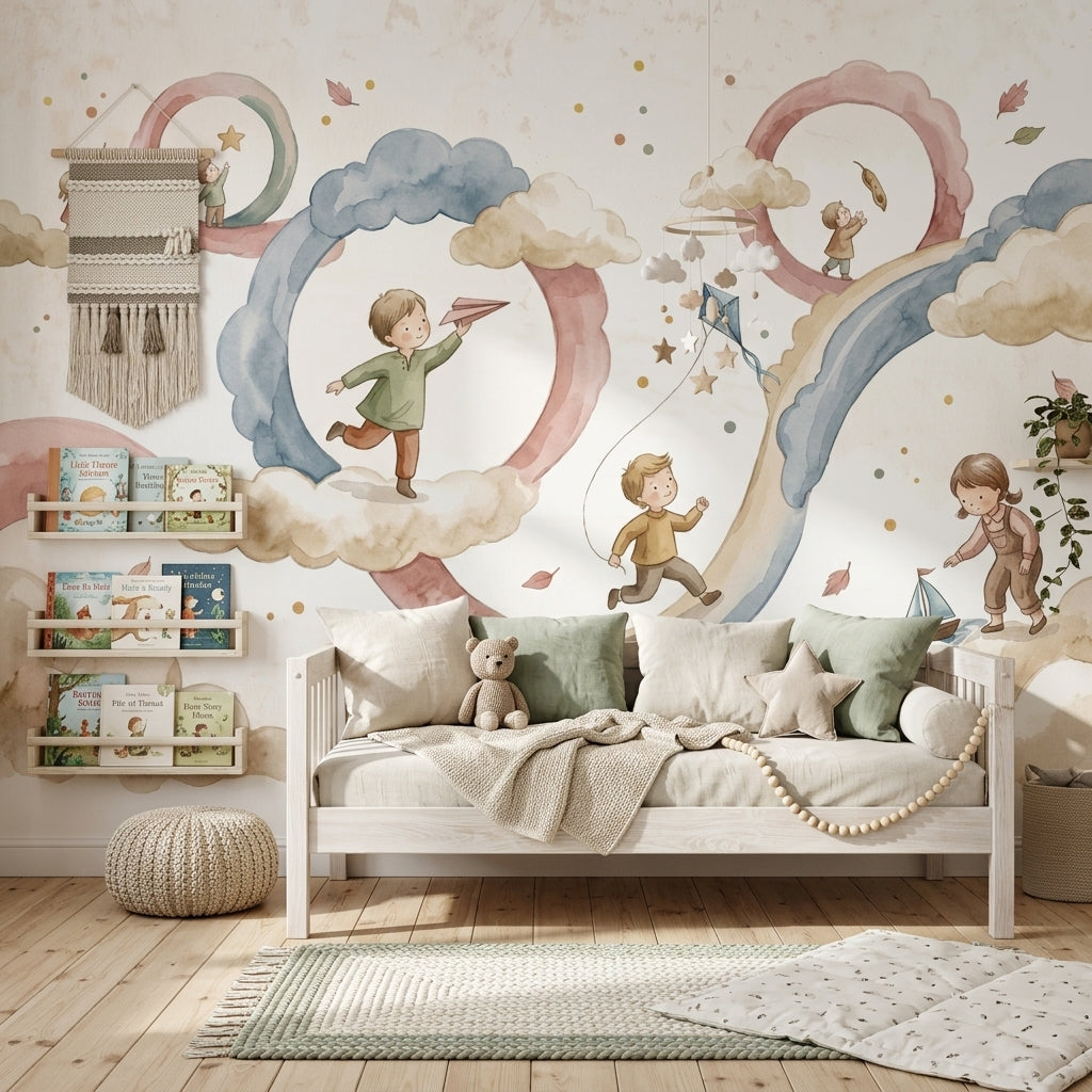 Watercolor Wallpaper Children Playing Pastel Removable Wall Decor