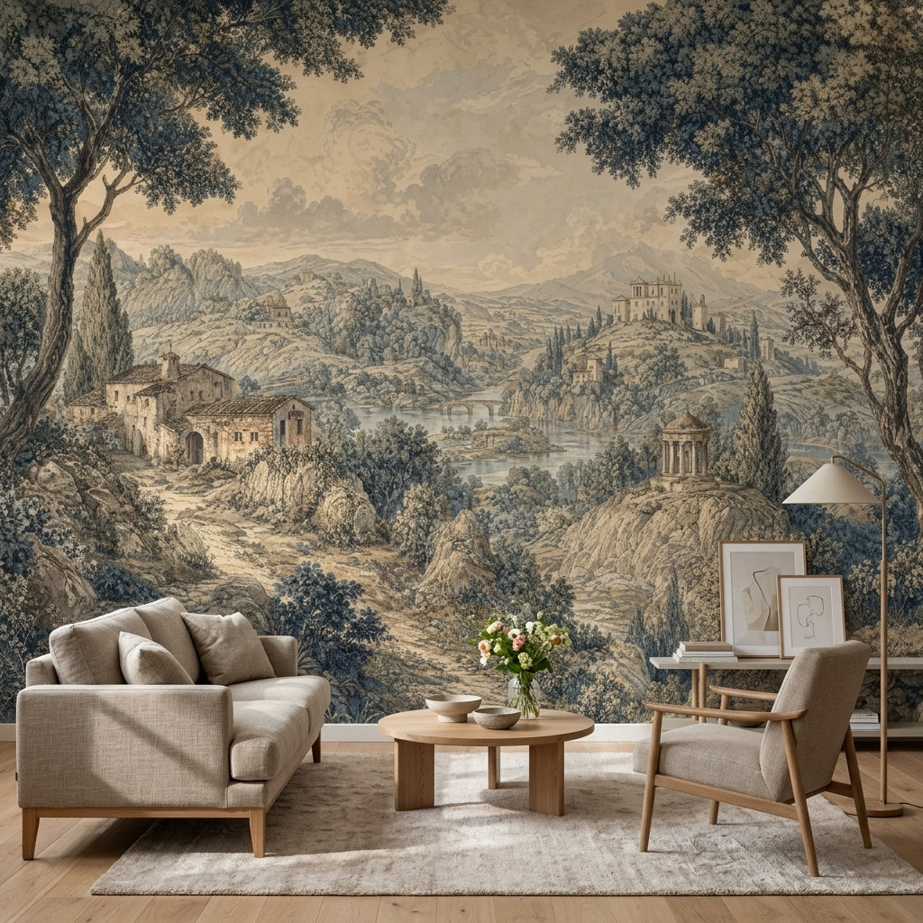 Vintage Landscape Wallpaper Sepia Countryside Scene Wall Mural