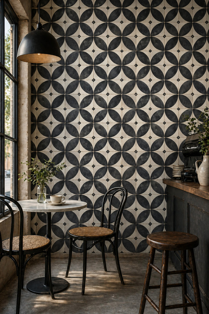 Geometric Tile Wallpaper Petal Motif Distressed Texture Removable Wall Decor