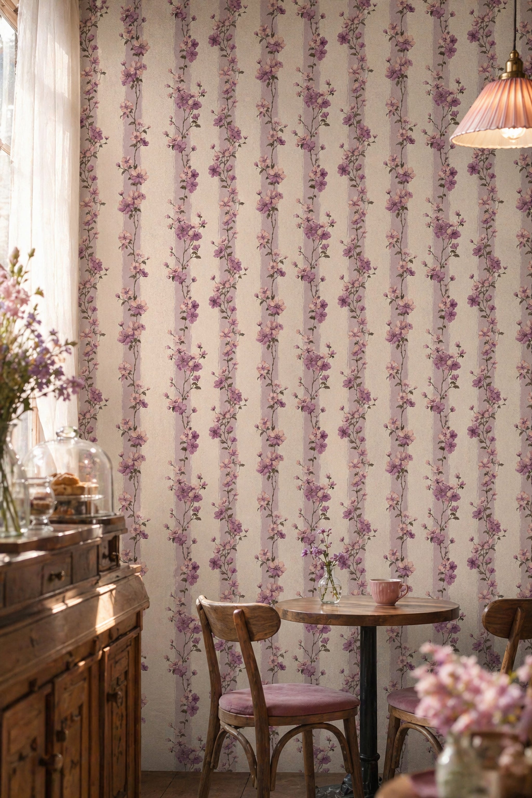 Floral Wallpaper Pink And Lavender Blossoms Removable Vertical Stripes Wall Decor