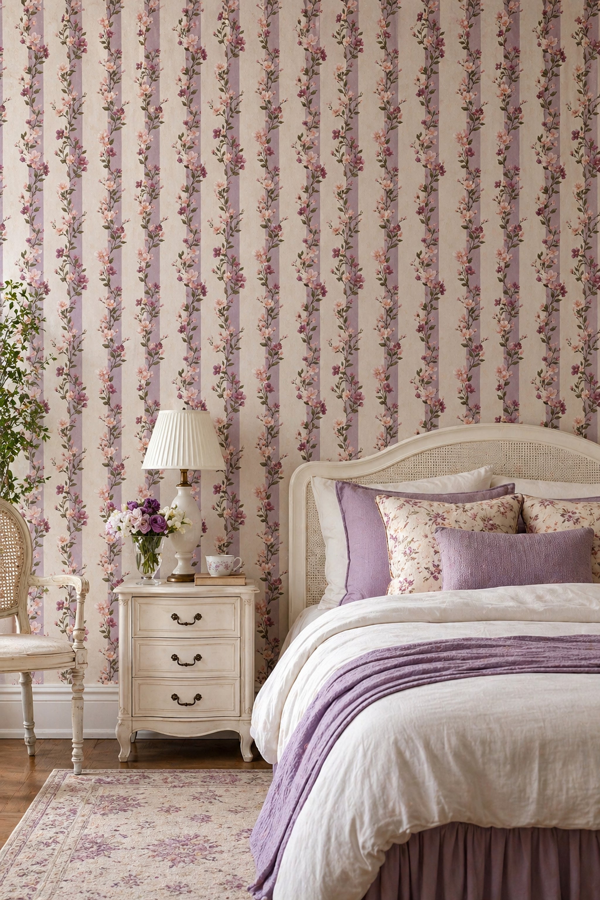 Floral Wallpaper Purple Stripes Romantic Garden Removable Wall Decor