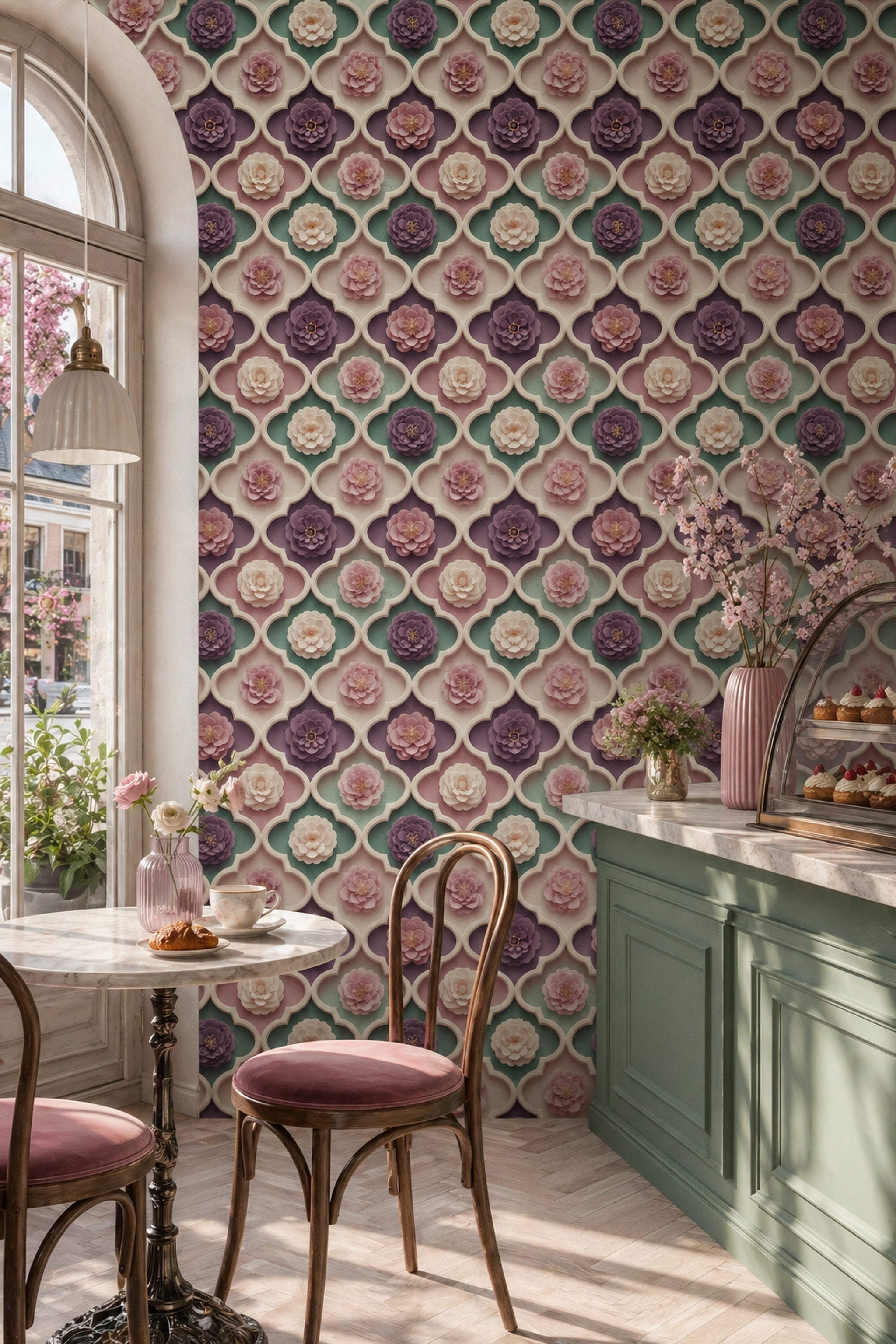 3D Paper Cut Flowers Wallpaper Quatrefoil Trellis Sage Green Decorative Mural