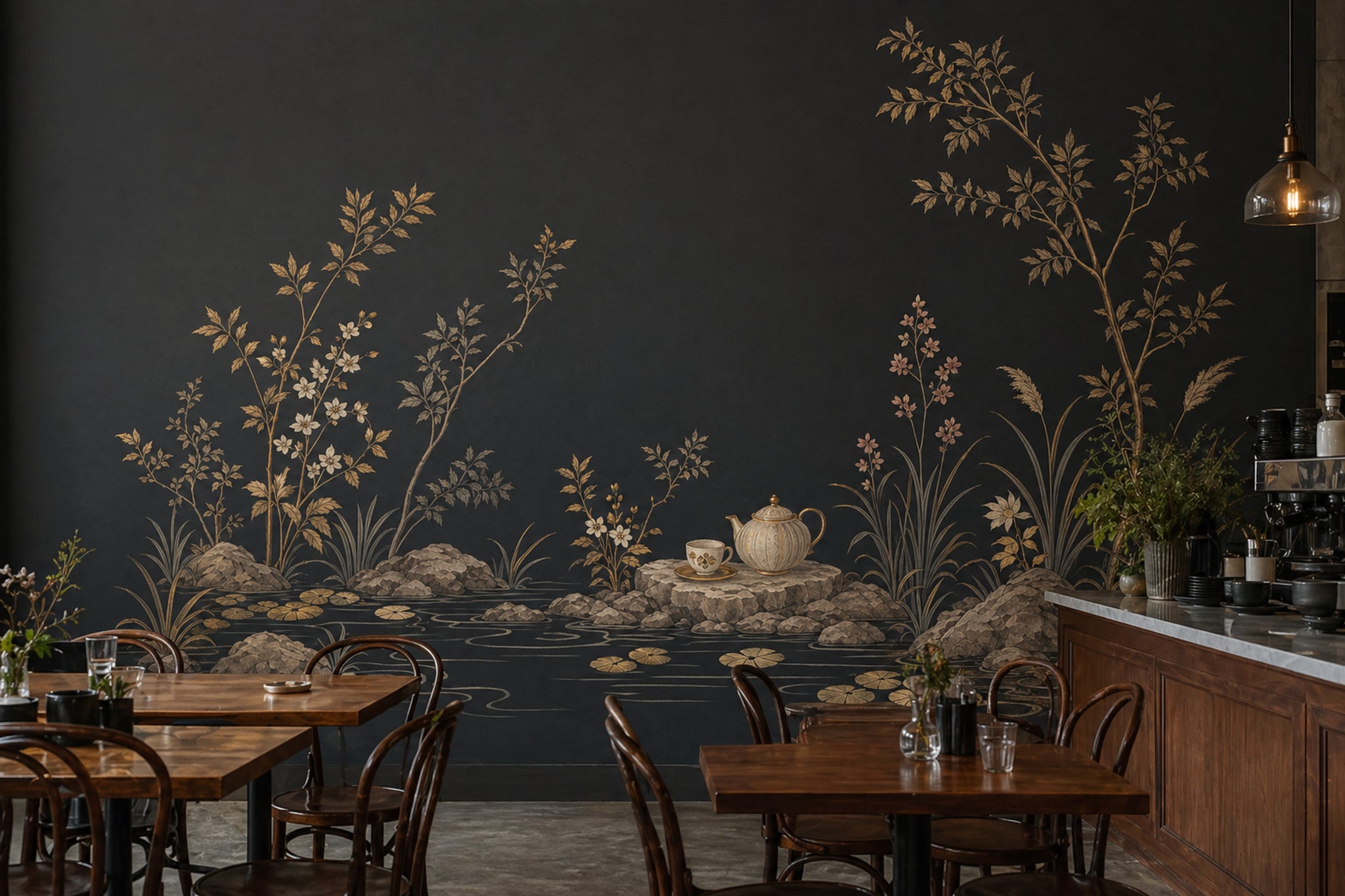 Chinoiserie Wallpaper Dark Gold Linework Removable Wall Decor