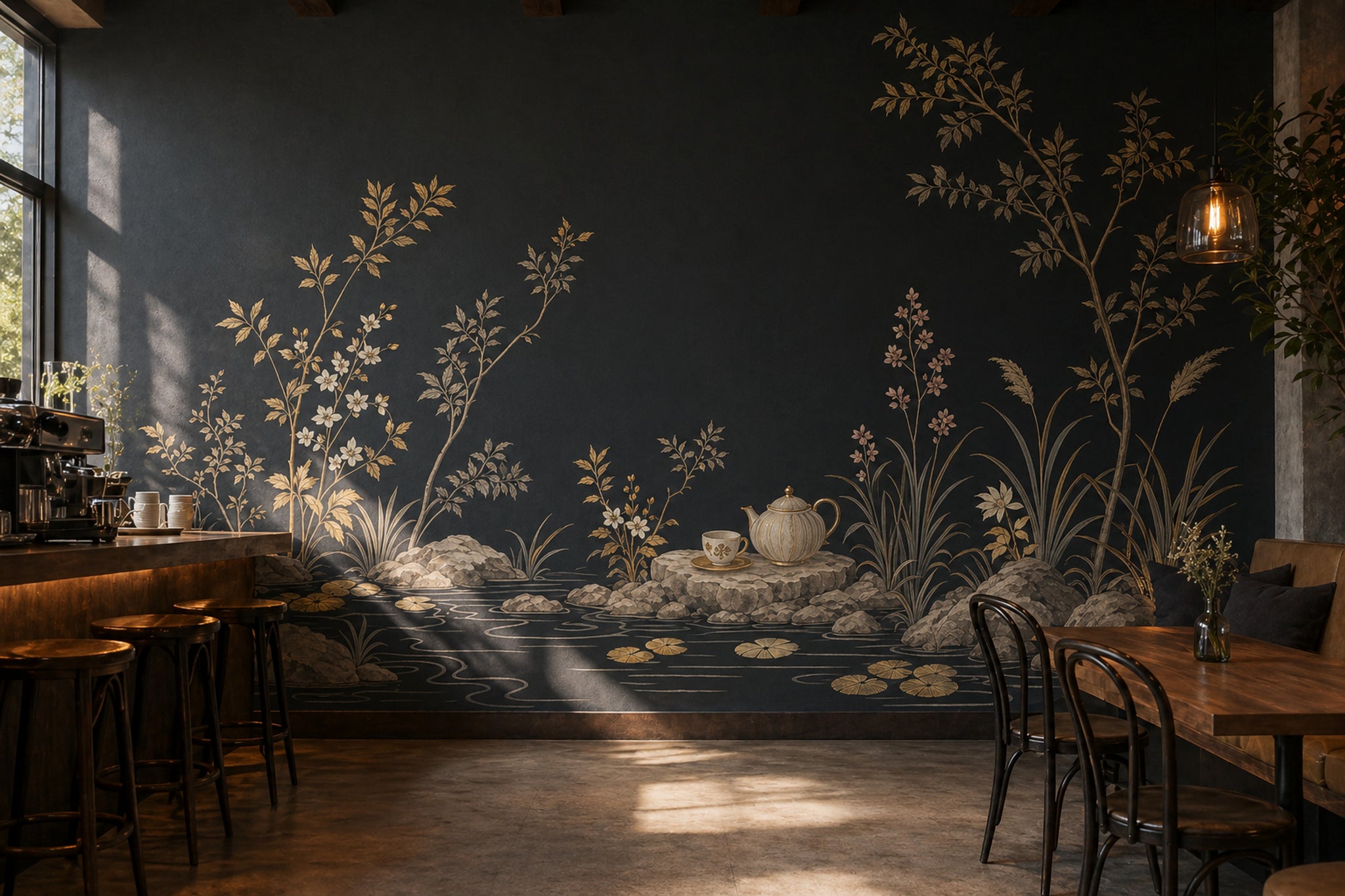 Chinoiserie Wallpaper Dark Gold Linework Removable Wall Decor