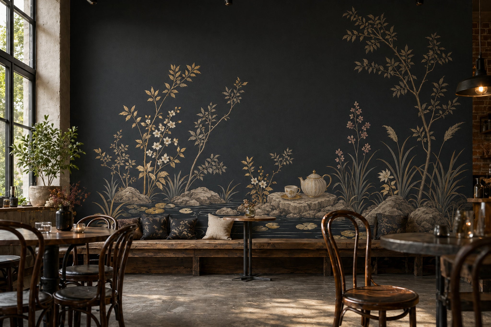 Chinoiserie Wallpaper Dark Gold Linework Removable Wall Decor
