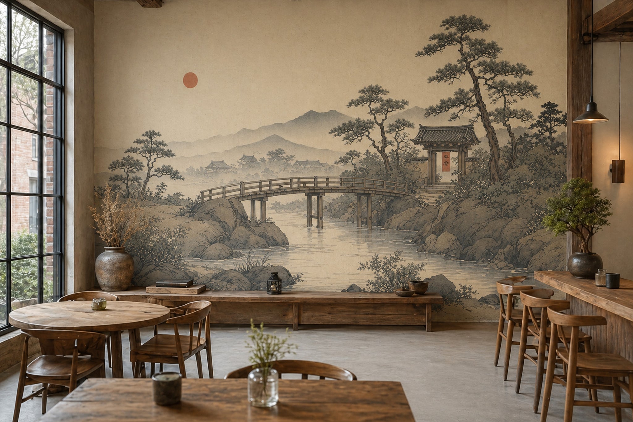 East Asian Landscape Wallpaper Vintage Ink Wash Misty Mountains Wall Mural