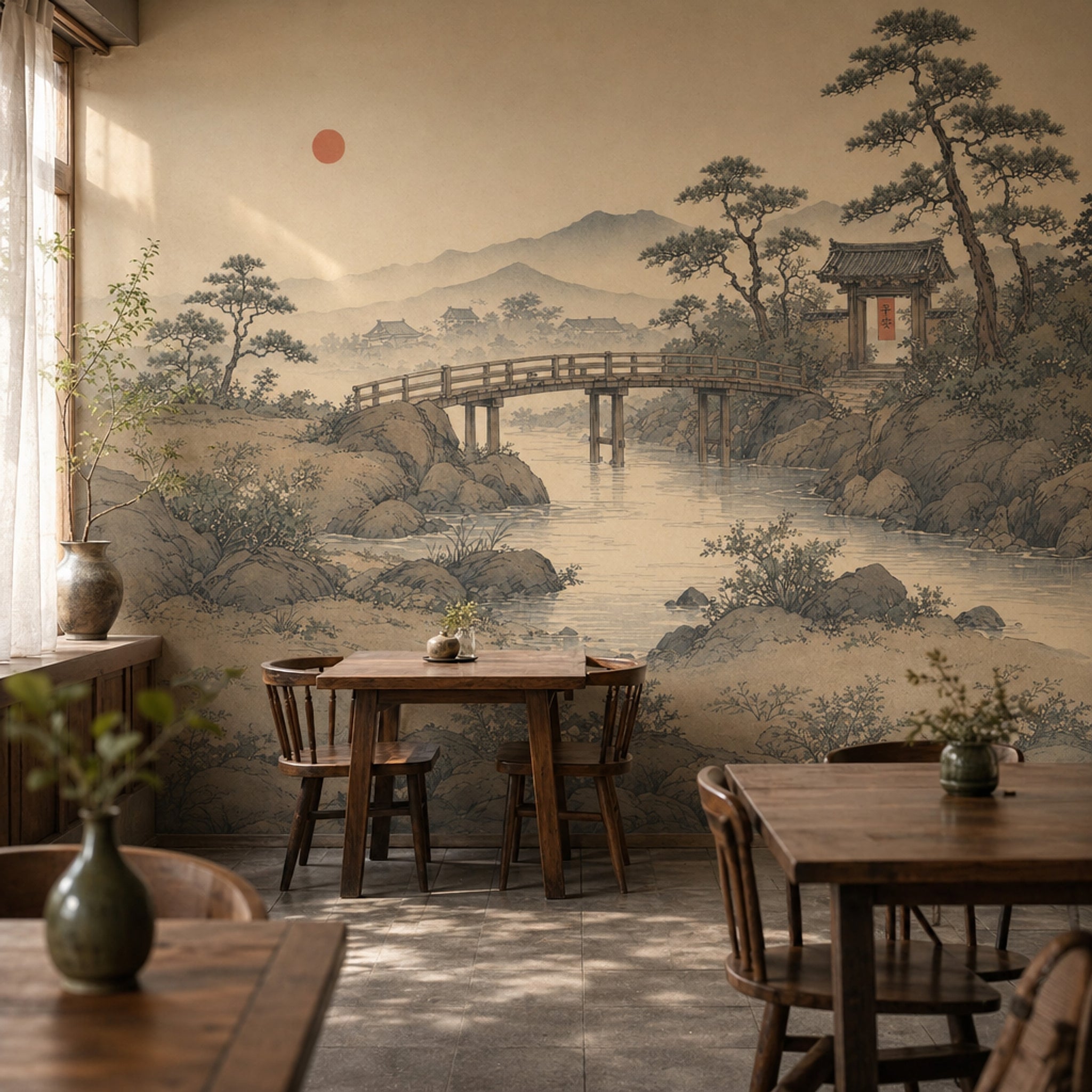 East Asian Landscape Wallpaper Vintage Ink Wash Misty Mountains Wall Mural