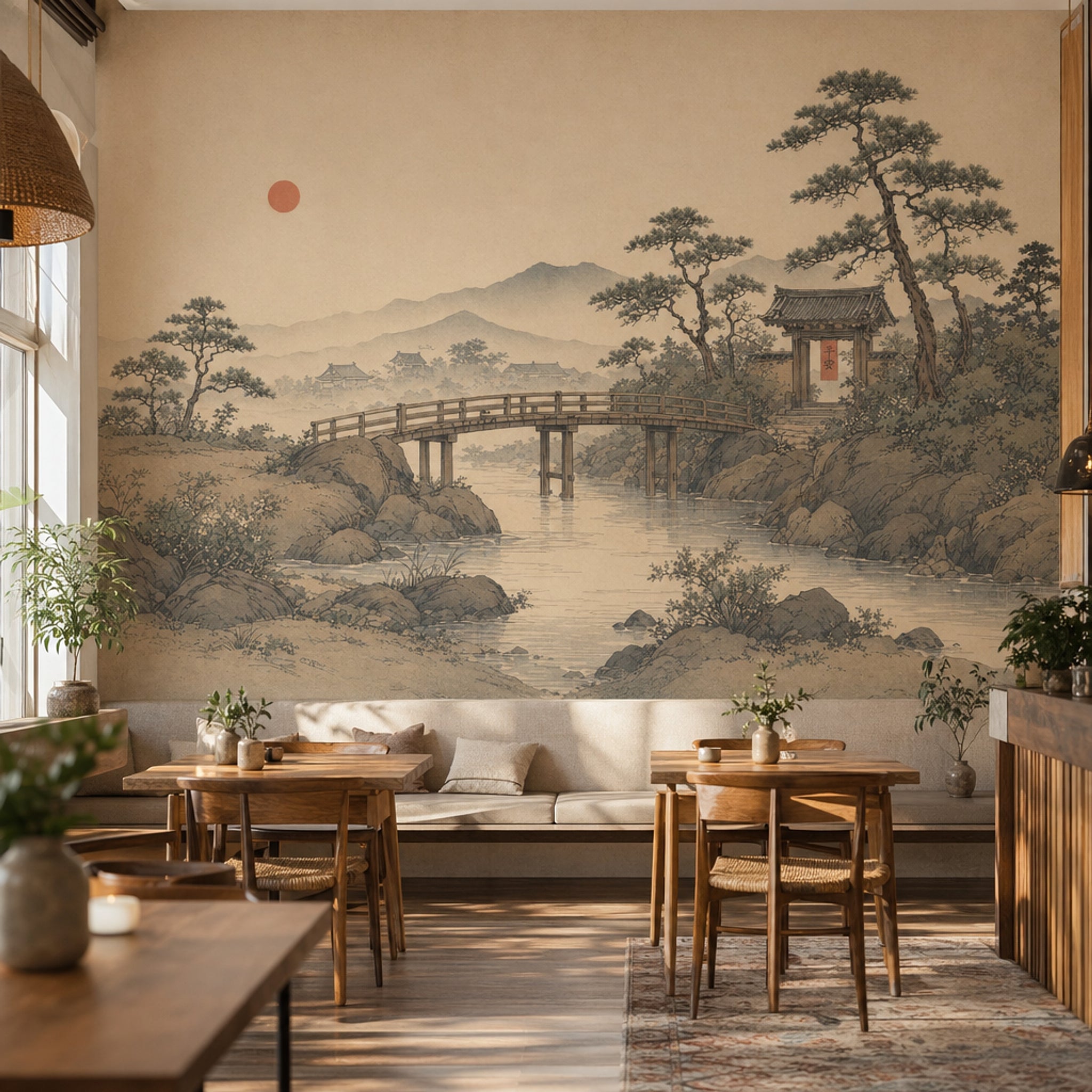 East Asian Landscape Wallpaper Vintage Ink Wash Misty Mountains Wall Mural