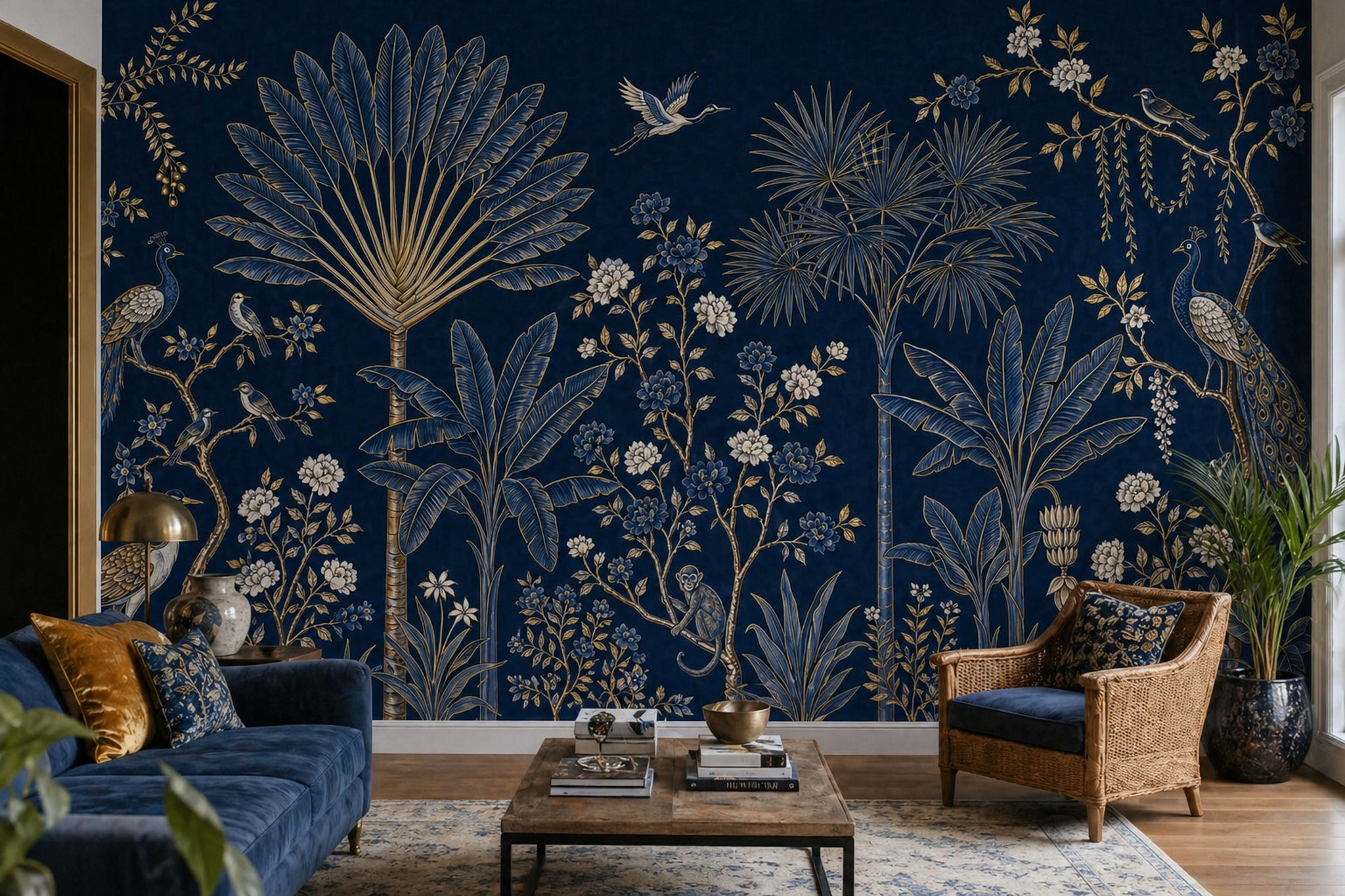 Chinoiserie Wallpaper Dark Navy Removable Tropical Garden Wall Decor