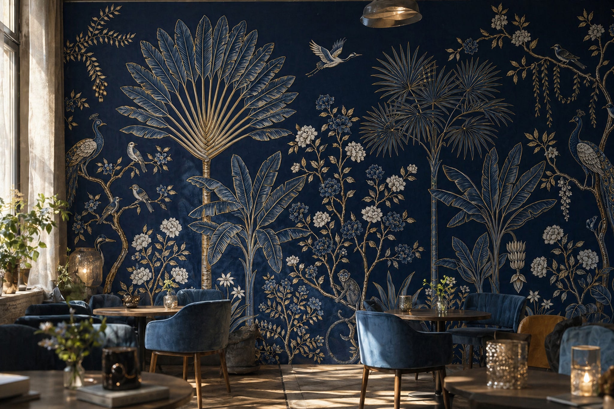 Chinoiserie Wallpaper Dark Navy Removable Tropical Garden Wall Decor