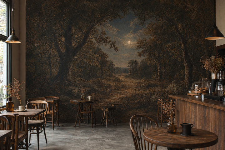 Moonlit Forest Wallpaper Woodland Landscape Vintage Oil Painting Removable Wall Decor