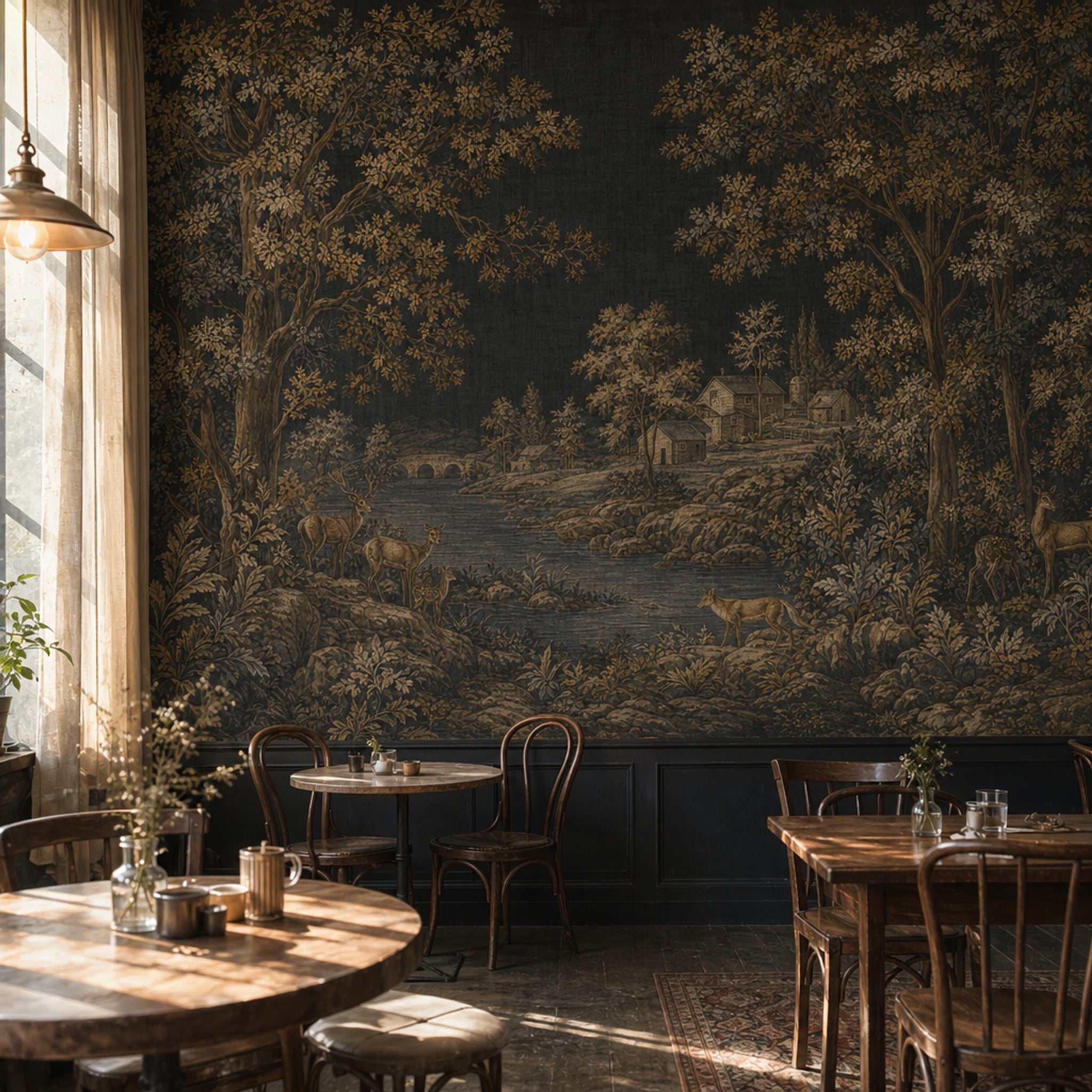 Pastoral Landscape Wallpaper Dark Toile Removable Wall Decor