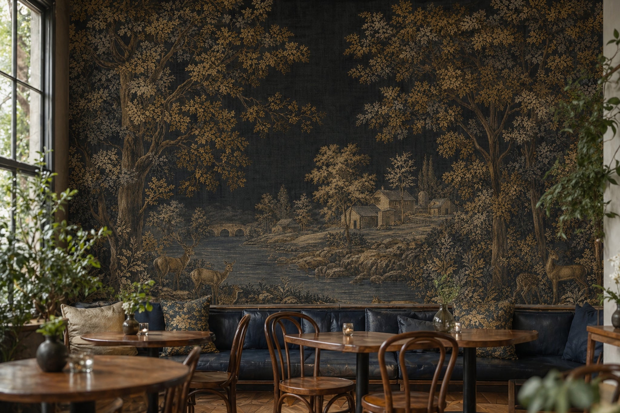 Pastoral Landscape Wallpaper Dark Toile Removable Wall Decor