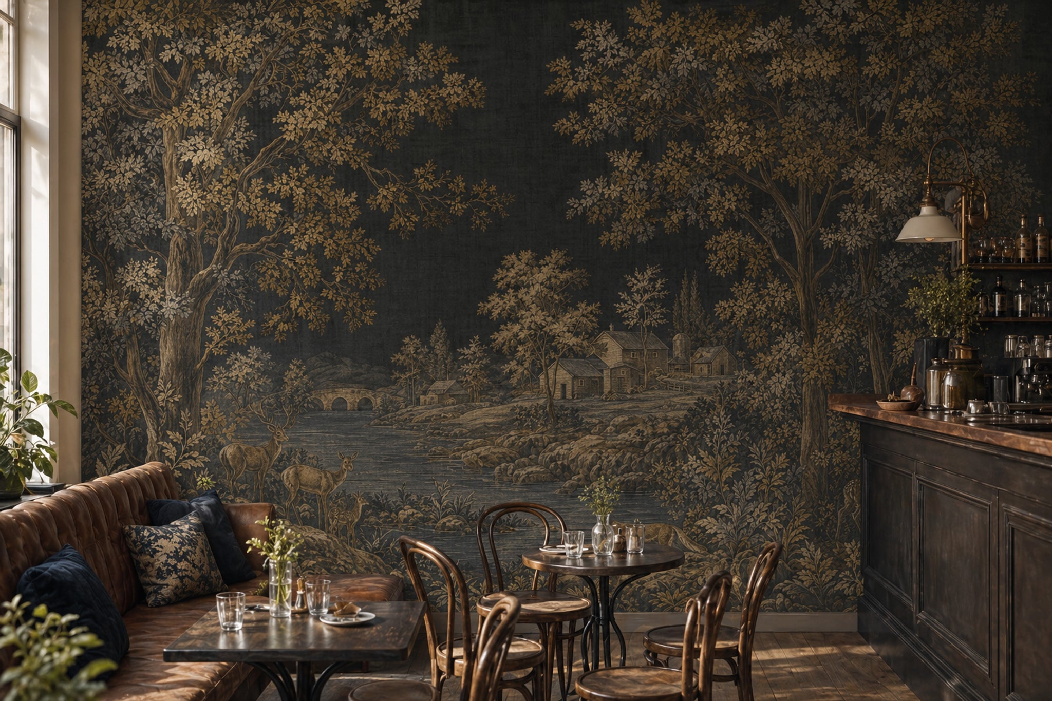 Pastoral Landscape Wallpaper Dark Toile Removable Wall Decor