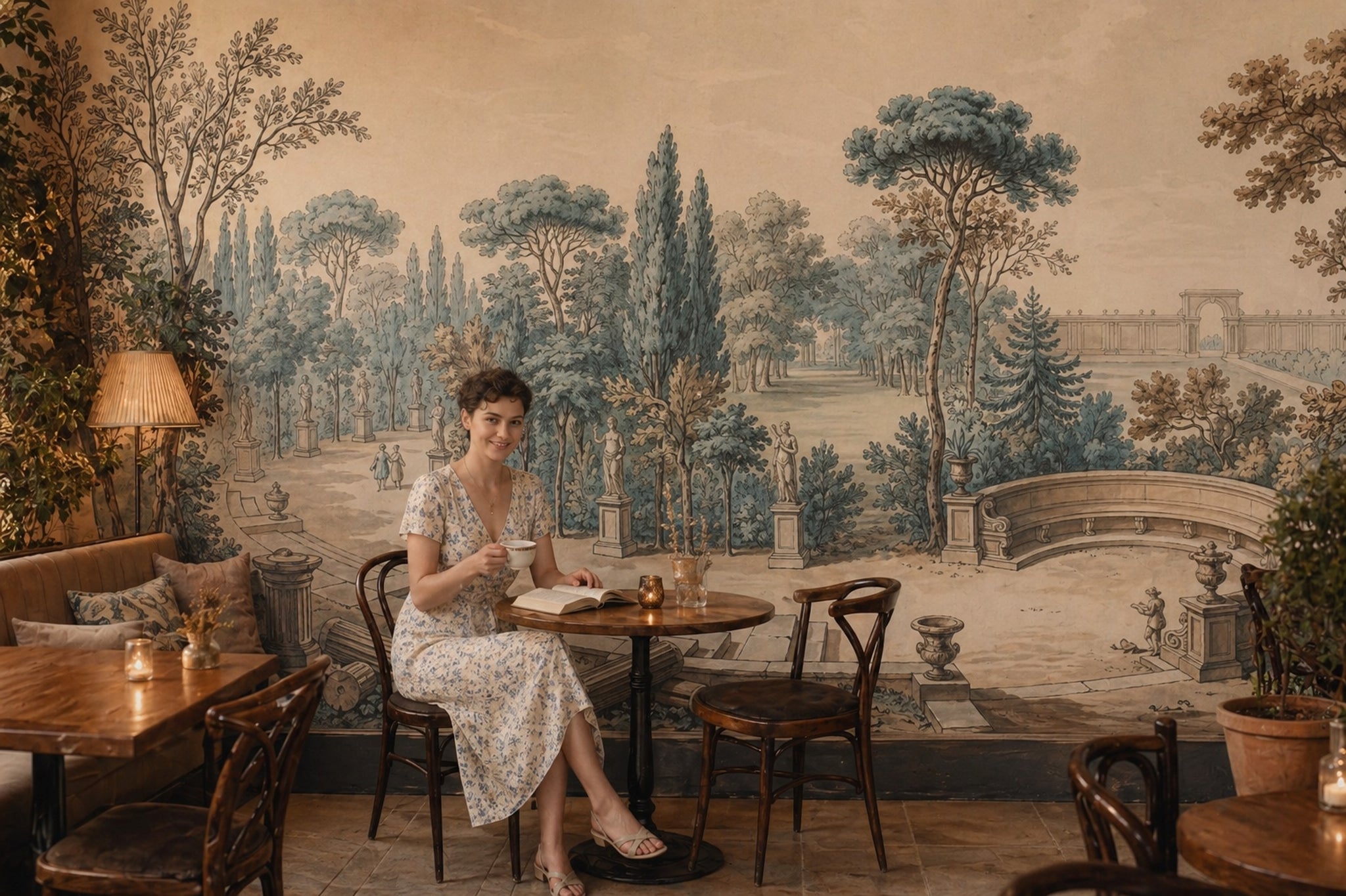 Classical Garden Wallpaper Landscape Mural Toile Illustration Removable Wall Decor