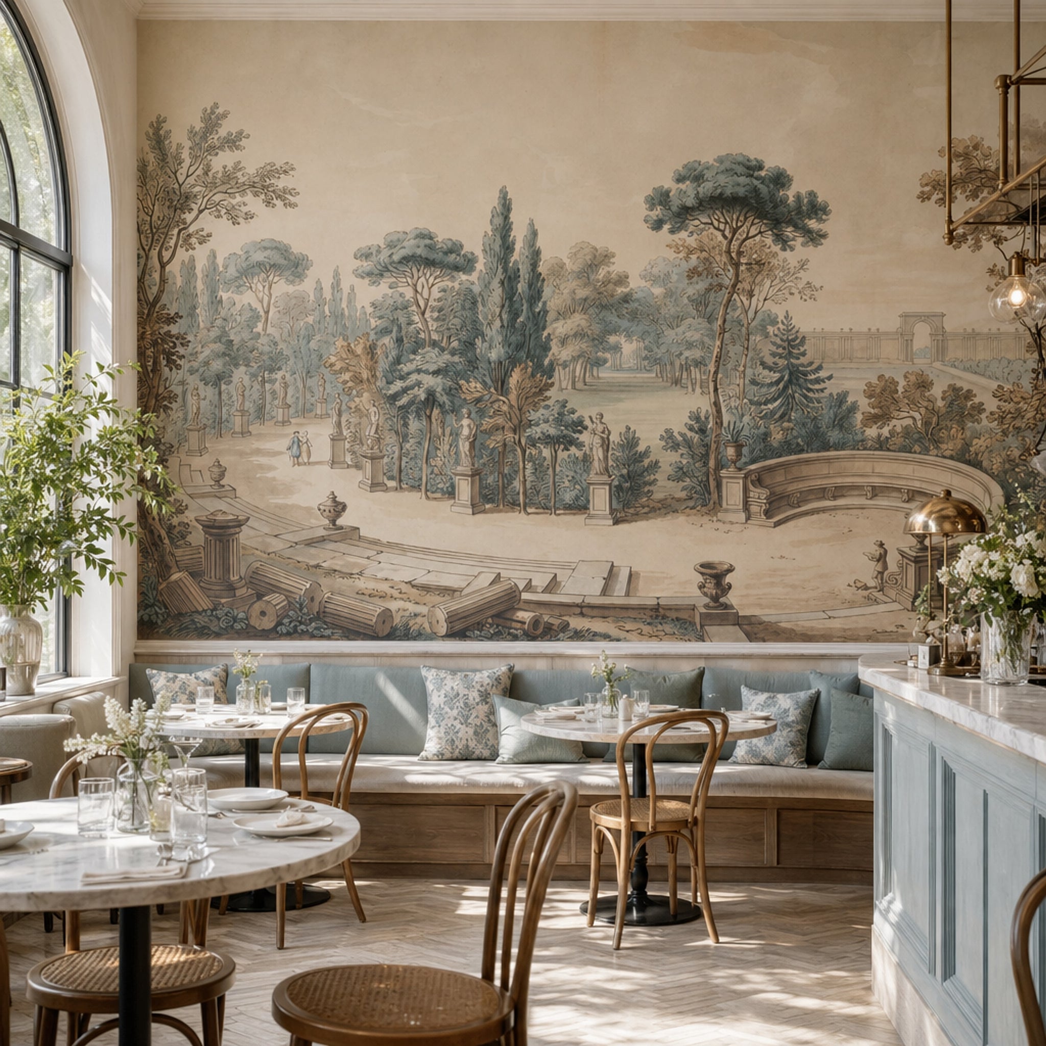 Classical Garden Wallpaper Landscape Mural Toile Illustration Removable Wall Decor
