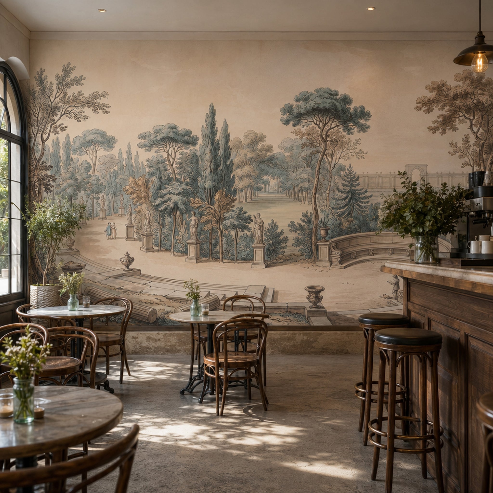 Classical Garden Wallpaper Landscape Mural Toile Illustration Removable Wall Decor