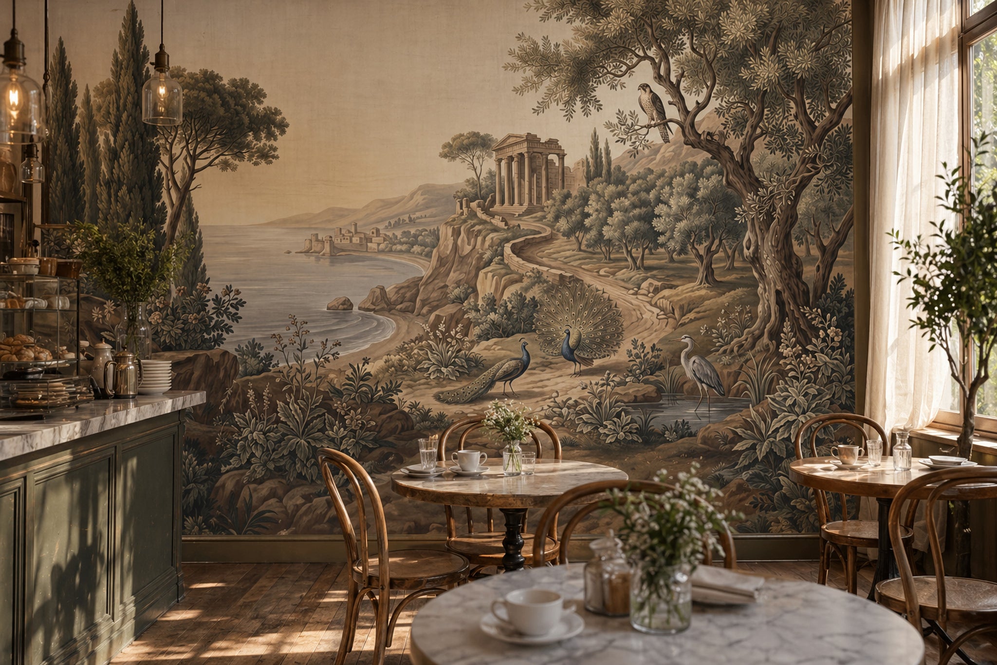 Mediterranean Landscape Wallpaper Classical Temple Ruins Removable Coastal Bay Wall Decor